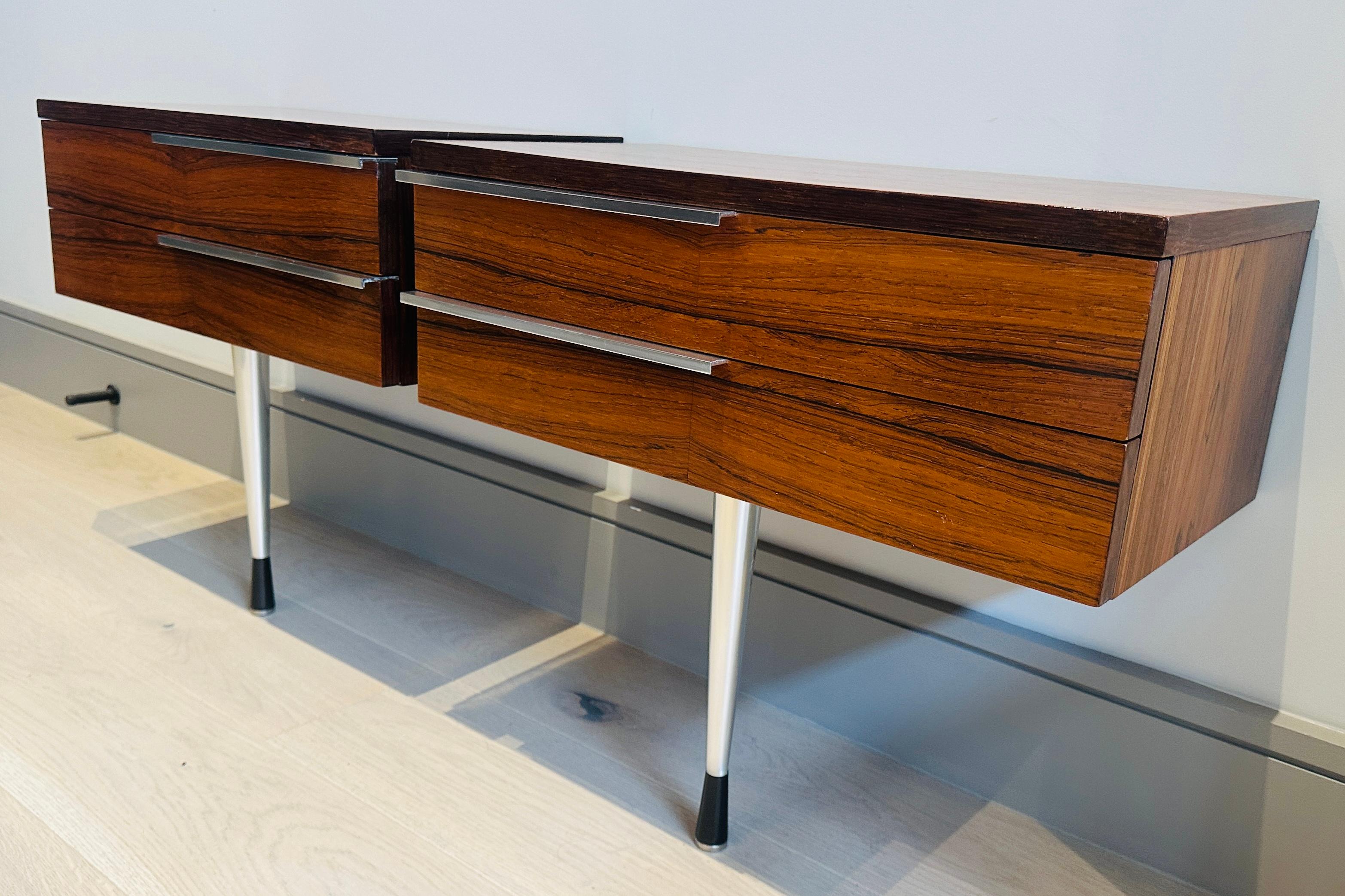 Pair of 1960s Danish Rosewood Veneer & Polished Chrome Wall Hung Nightstands 3