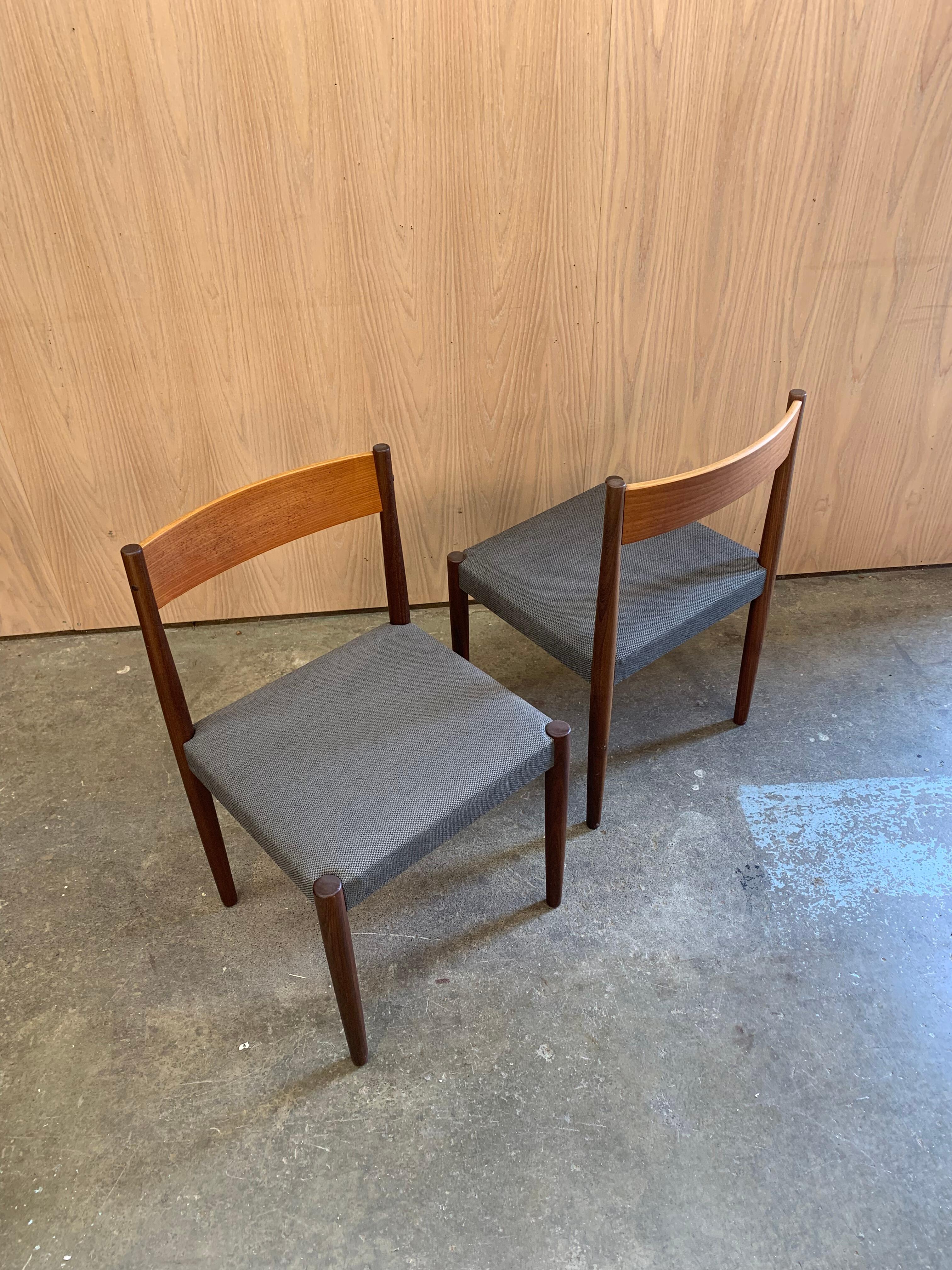 Pair of Danish teak dining chairs designed by Poul Volther for Frem Røjle, circa 1960s. Known for his clean architectural lines and attention to proportion, Volther’s work bridges classic craftsmanship with modern simplicity. These chairs feature