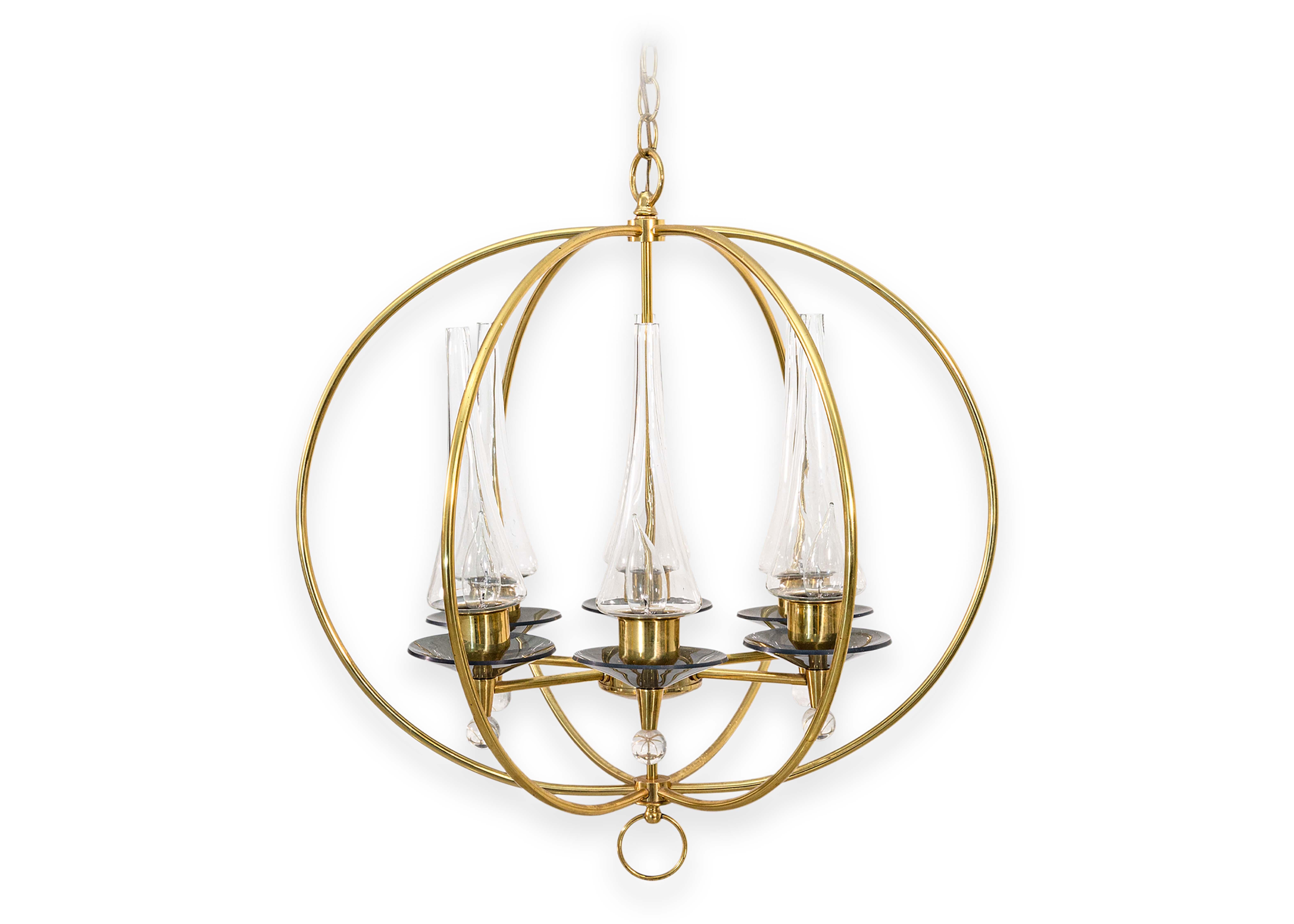 Pair of 1960s Feldman Brass Glass and Lucite Mid Century Modern Chandeliers For Sale 7