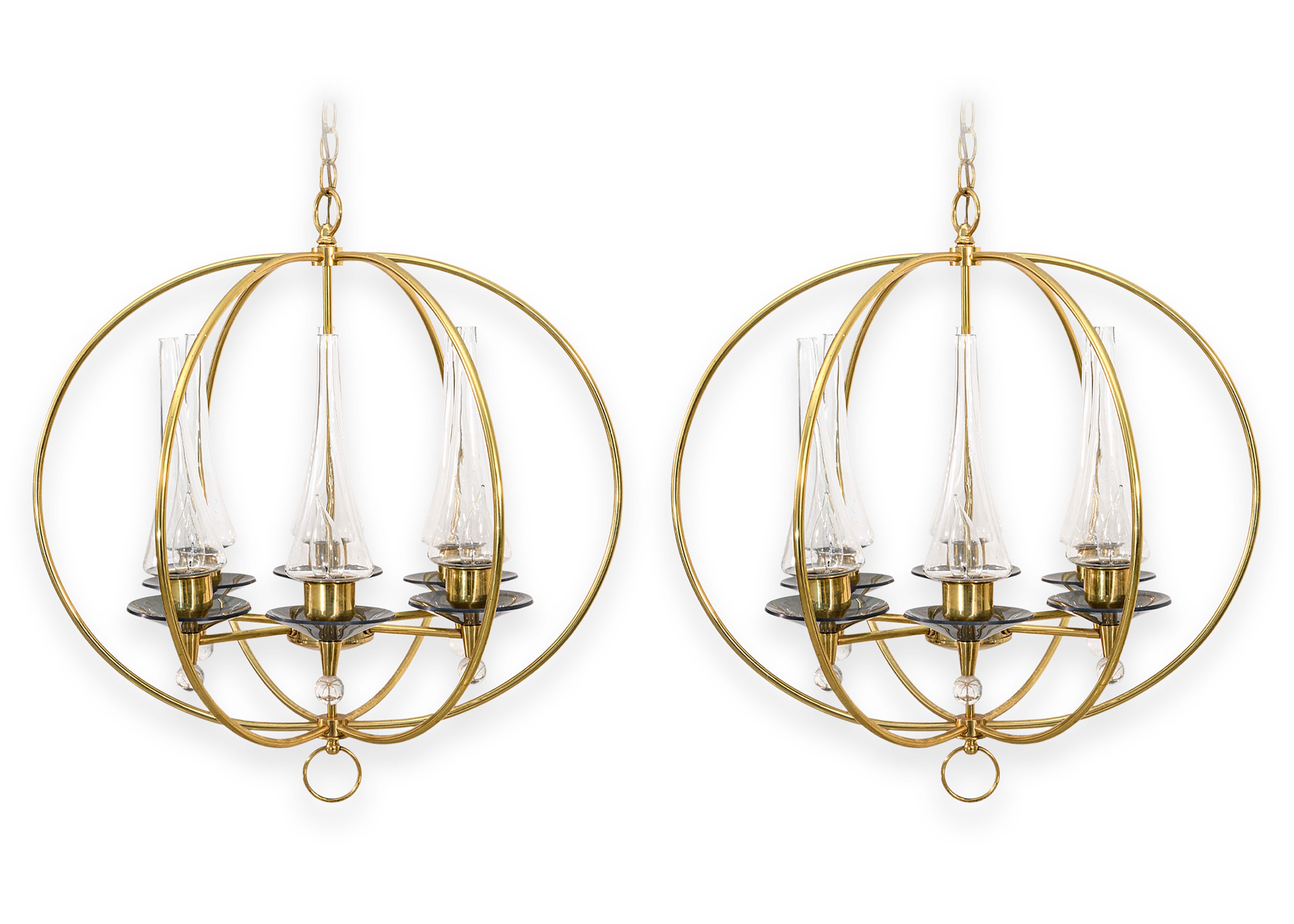 Pair of 1960s Feldman Brass Glass and Lucite Mid Century Modern Chandeliers For Sale 8