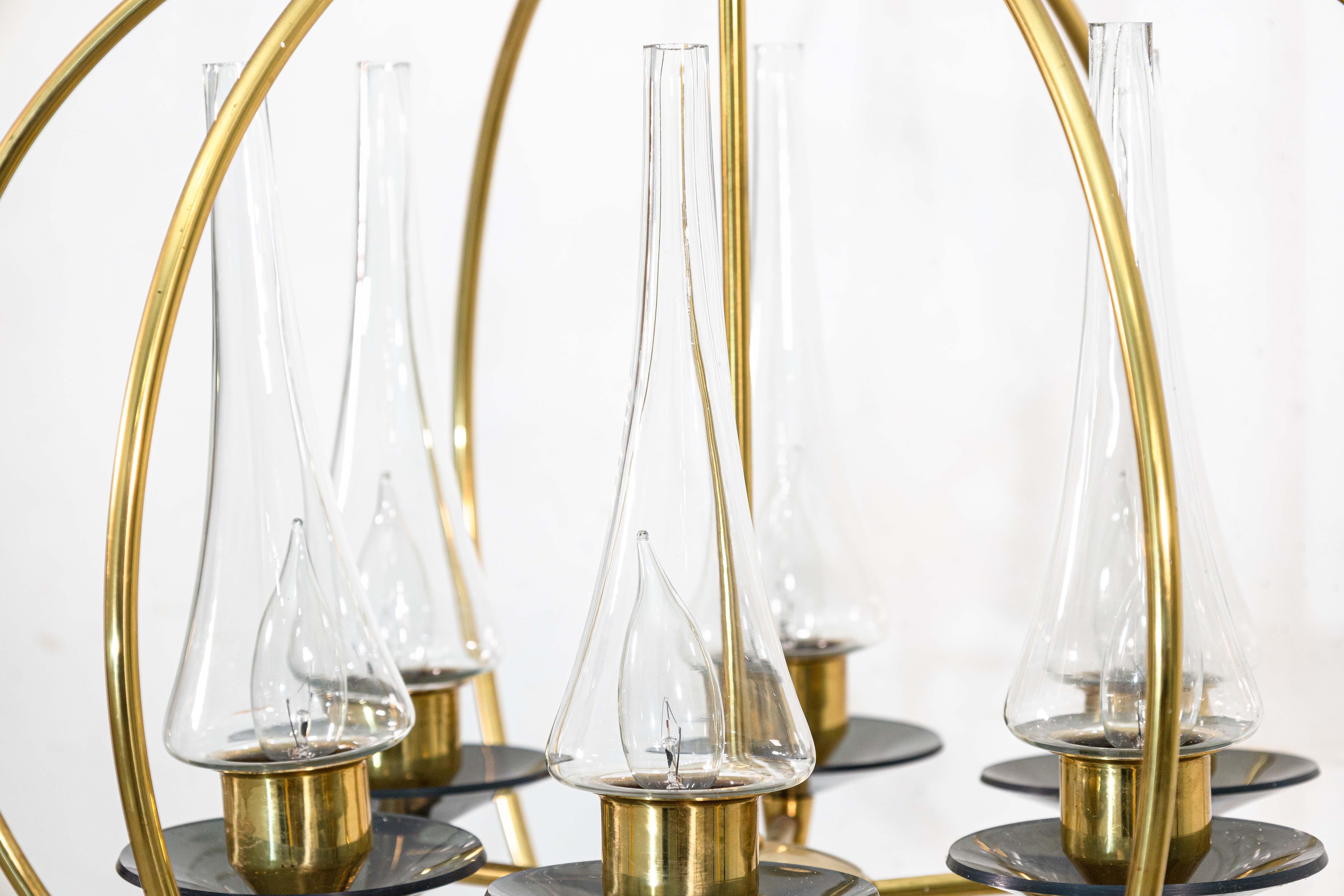 American Pair of 1960s Feldman Brass Glass and Lucite Mid Century Modern Chandeliers For Sale