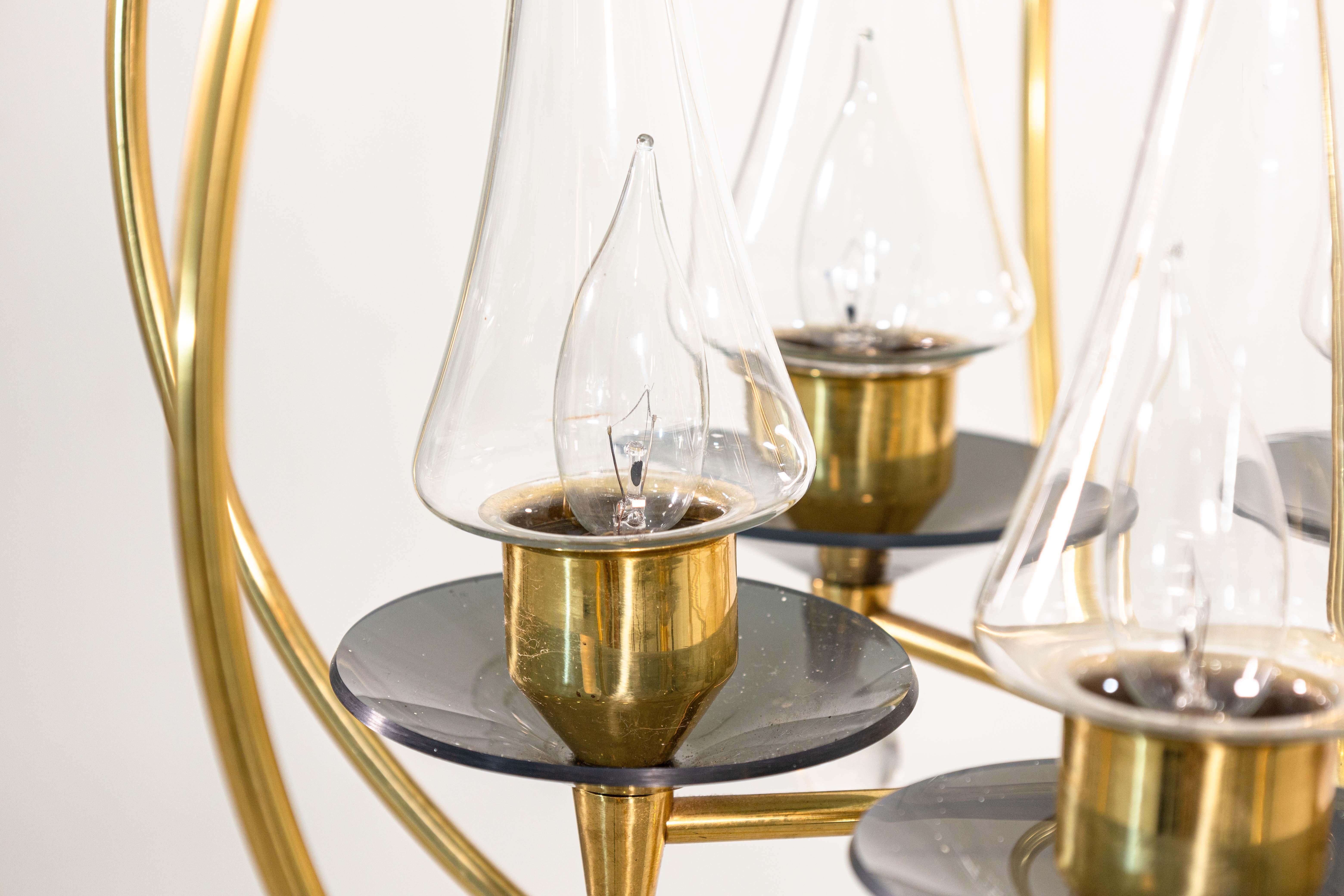 Pair of 1960s Feldman Brass Glass and Lucite Mid Century Modern Chandeliers In Good Condition For Sale In Keego Harbor, MI