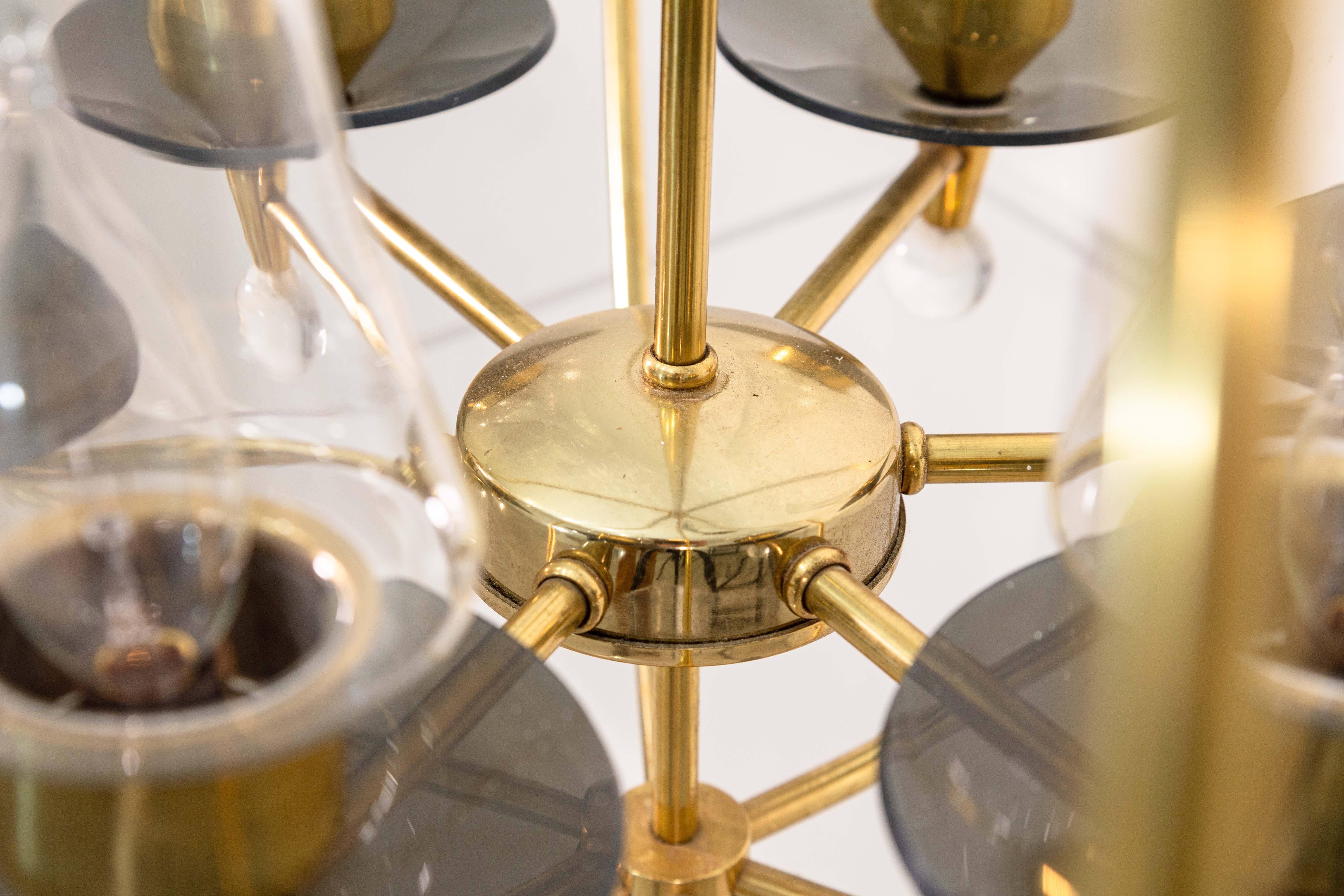 Mid-20th Century Pair of 1960s Feldman Brass Glass and Lucite Mid Century Modern Chandeliers For Sale