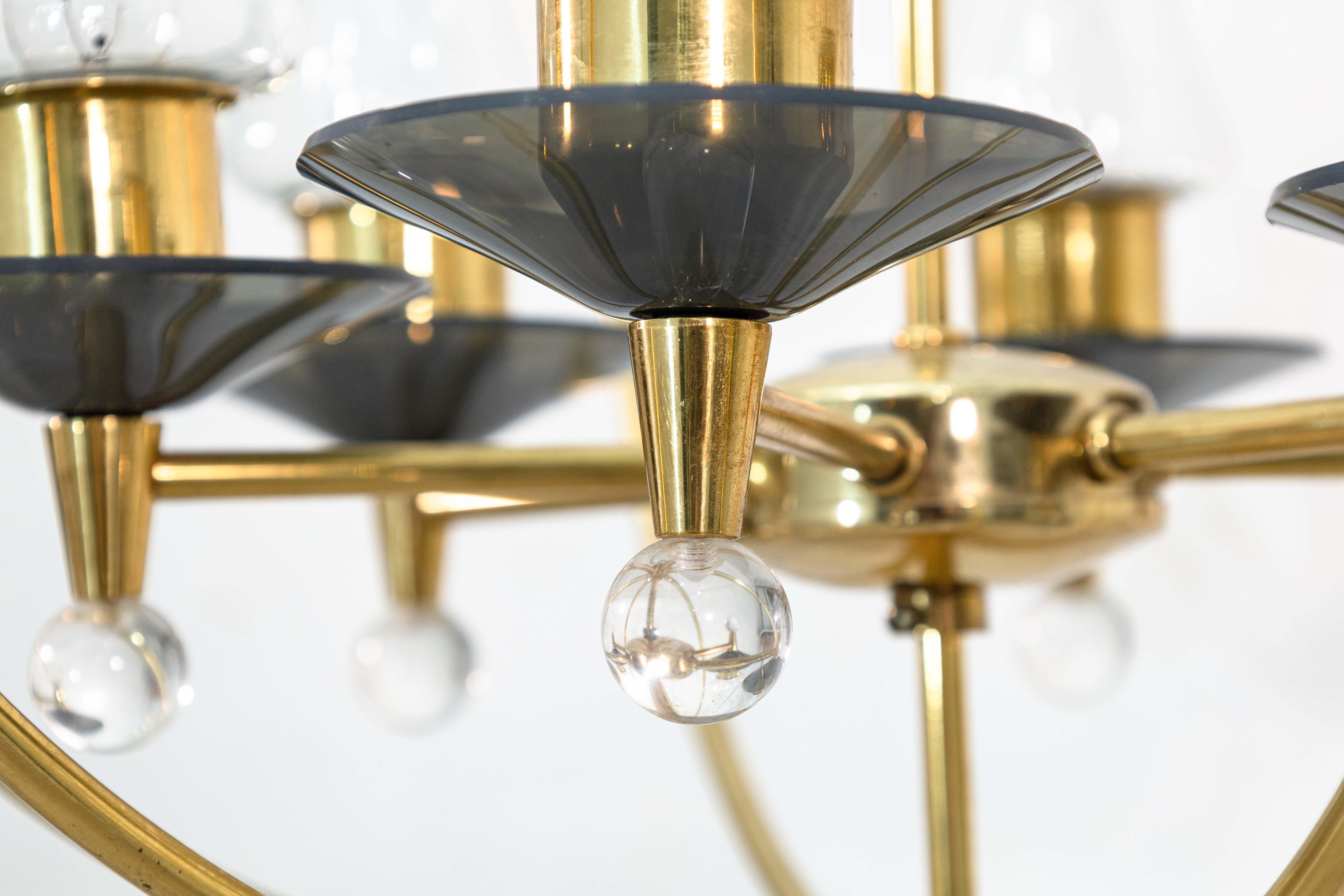 Pair of 1960s Feldman Brass Glass and Lucite Mid Century Modern Chandeliers For Sale 1