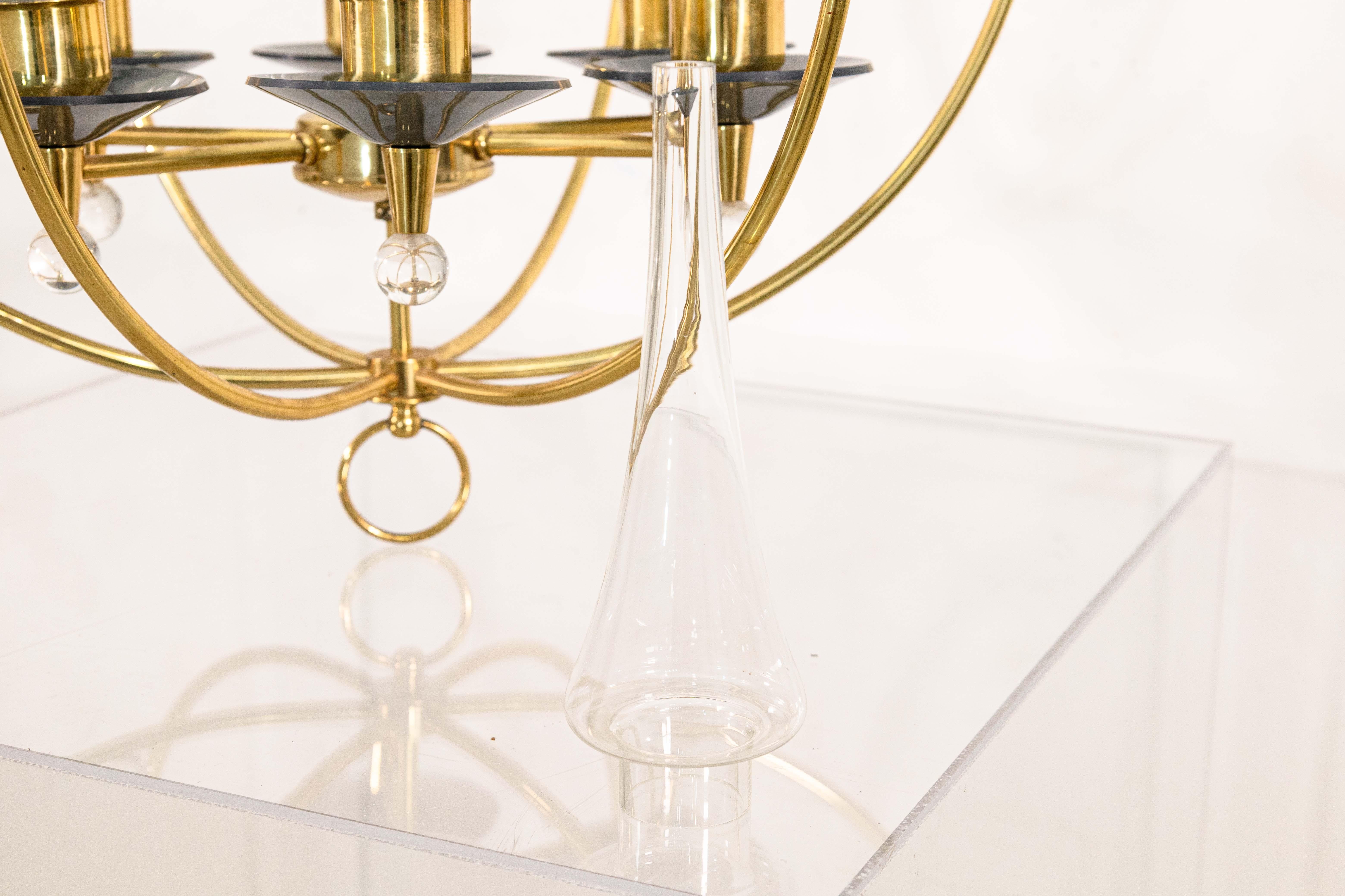 Pair of 1960s Feldman Brass Glass and Lucite Mid Century Modern Chandeliers For Sale 3
