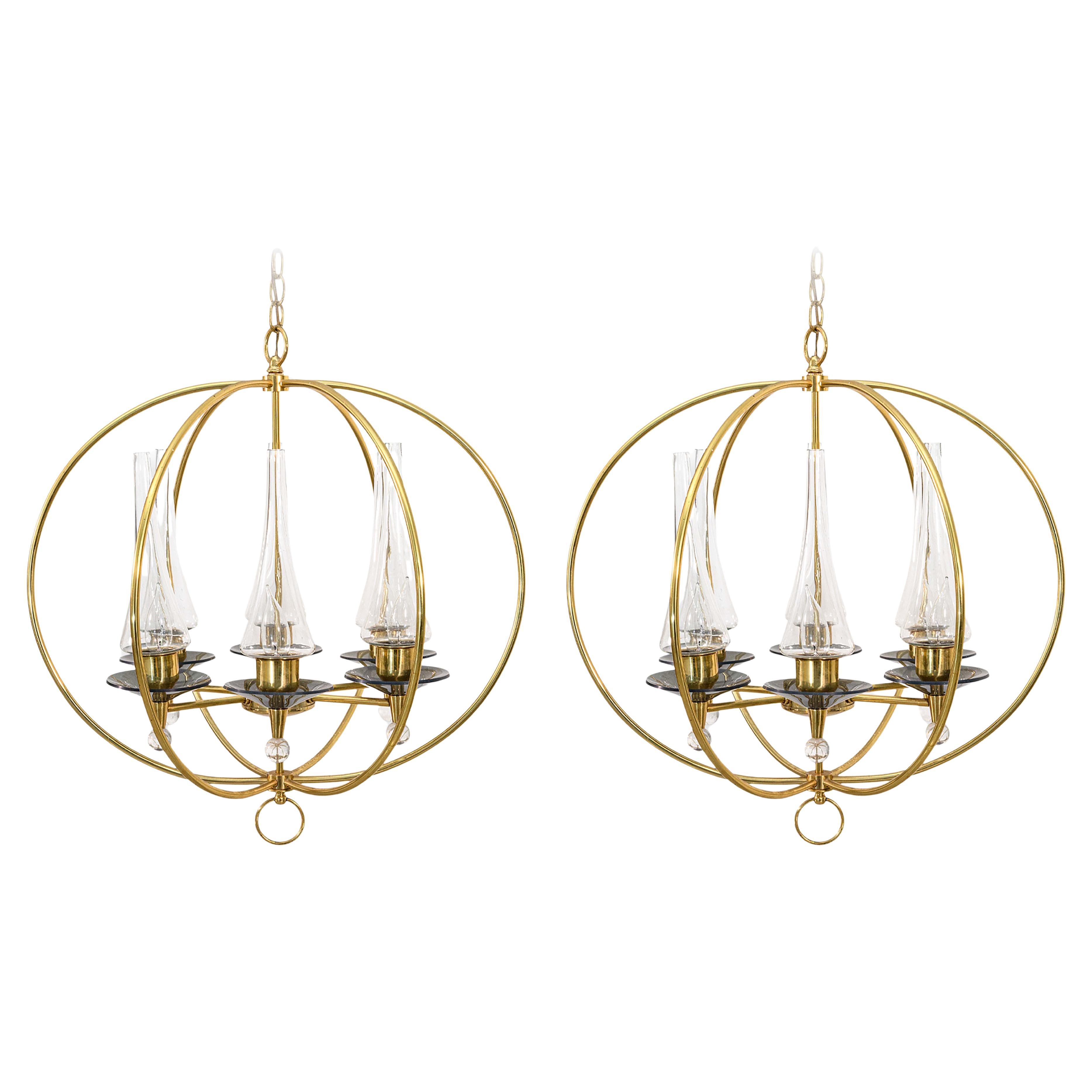 Pair of 1960s Feldman Brass Glass and Lucite Mid Century Modern Chandeliers For Sale