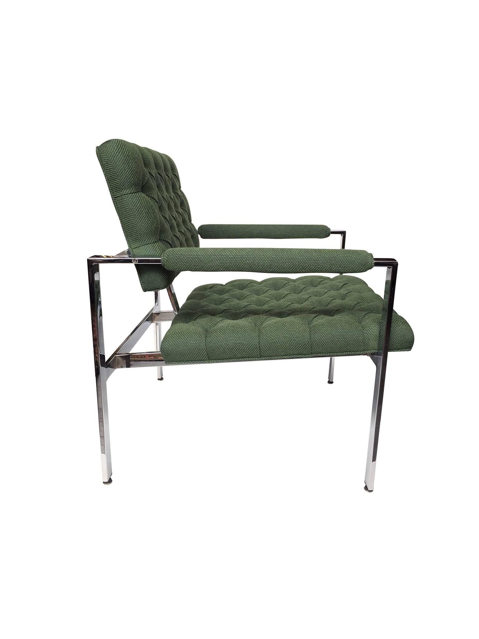 American Pair of 1960s Flat-Bar Chrome Club Chairs by Milo Baughman for Thayer Coggin