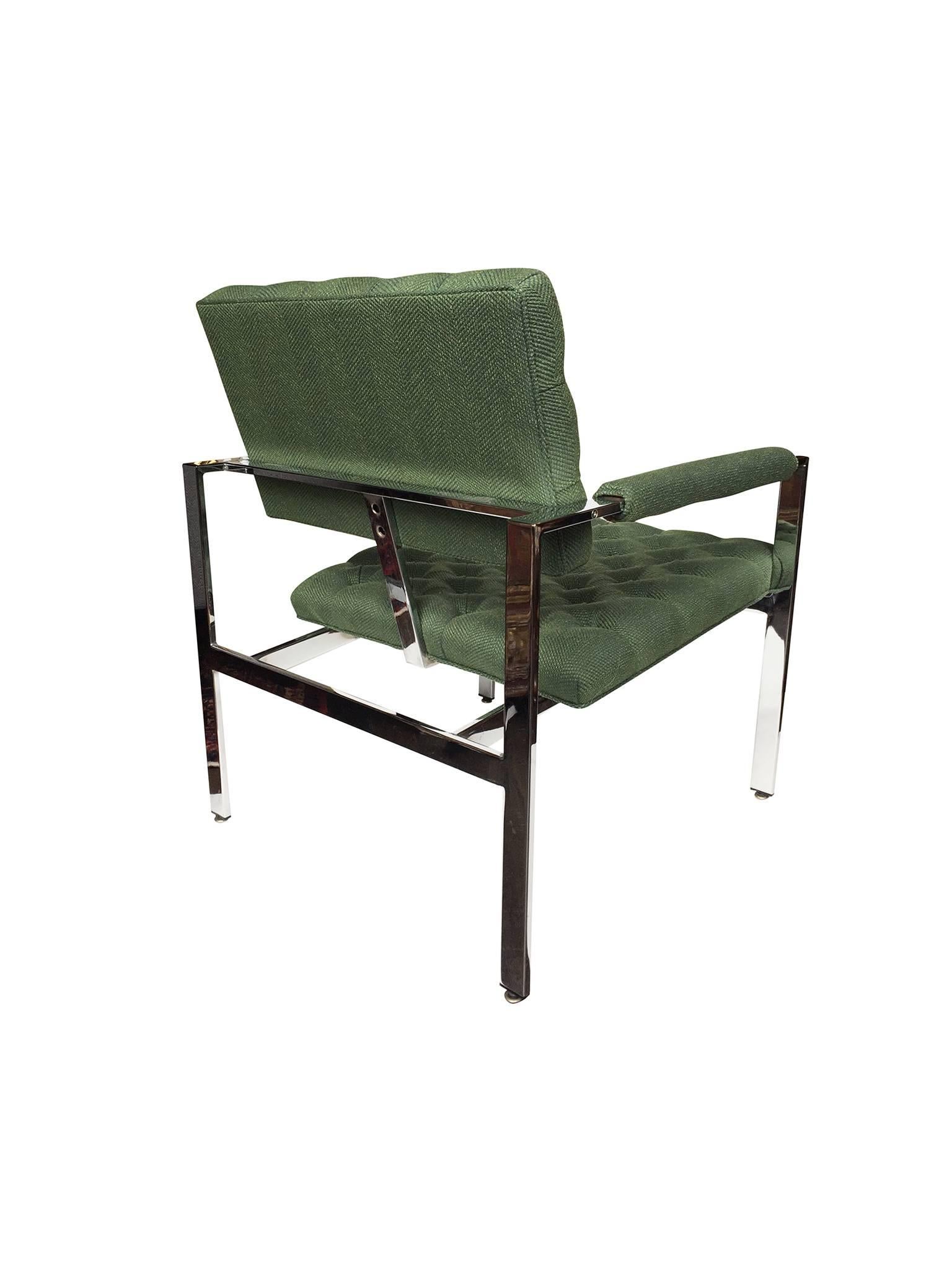 Woven Pair of 1960s Flat-Bar Chrome Club Chairs by Milo Baughman for Thayer Coggin