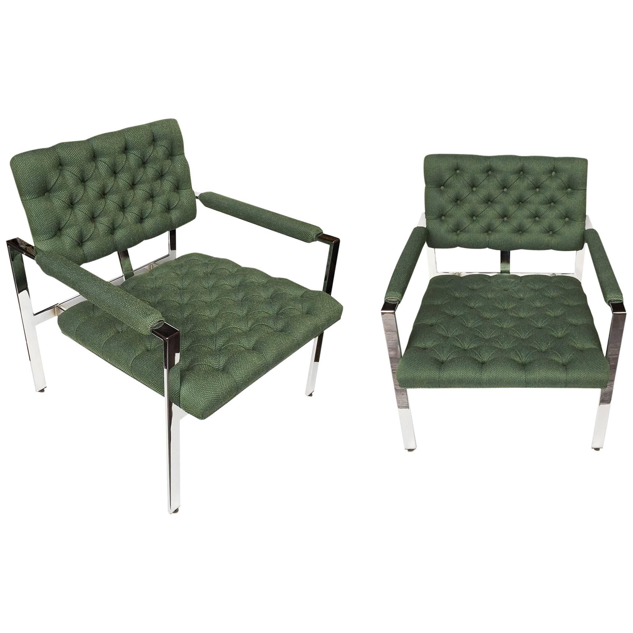 Pair of 1960s Flat-Bar Chrome Club Chairs by Milo Baughman for Thayer Coggin