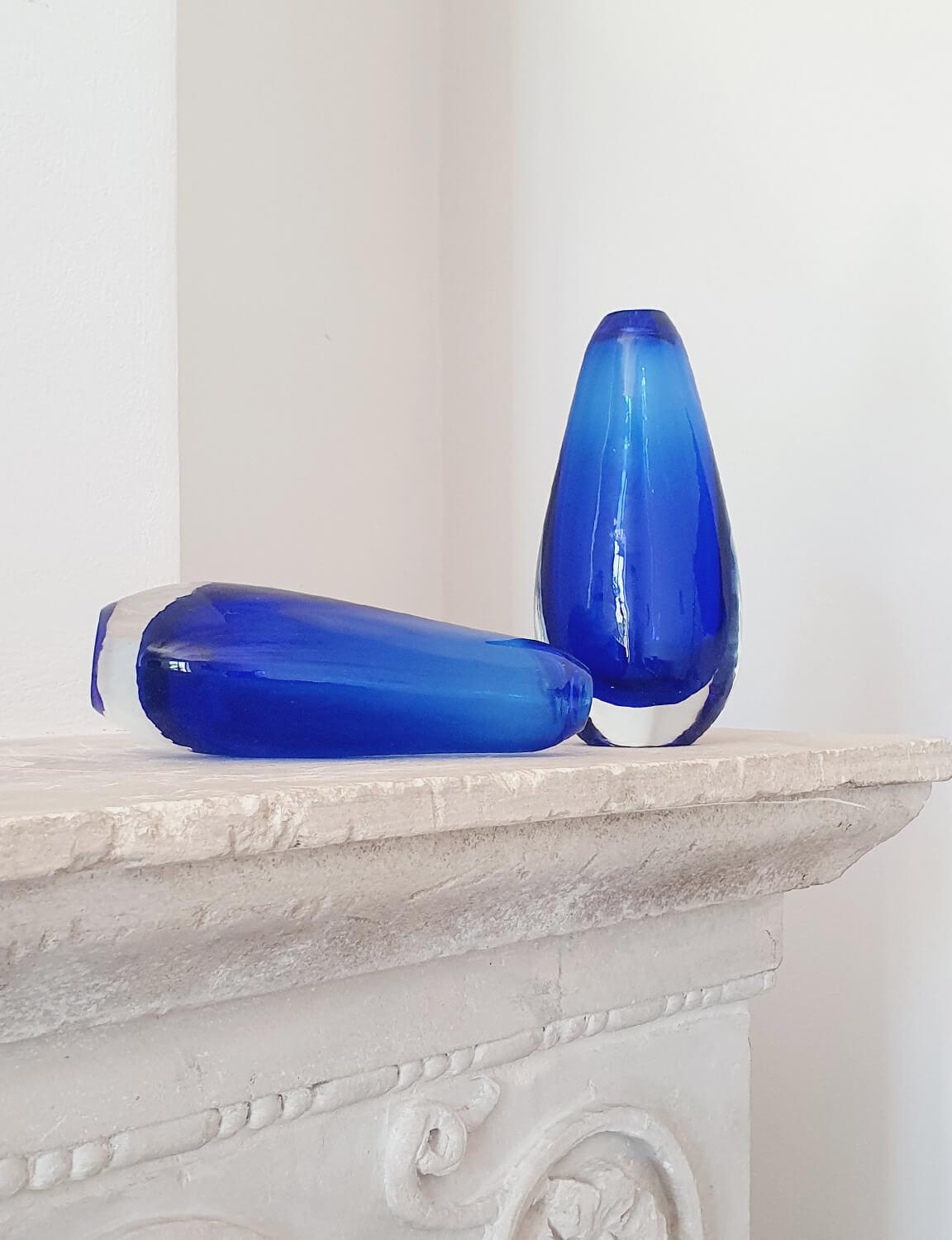 Fabulous pair of hand blown bright cobalt blue early Flavio Poli Vases. Hand blown in the 1960s in Murano - the pair are in very good condition.