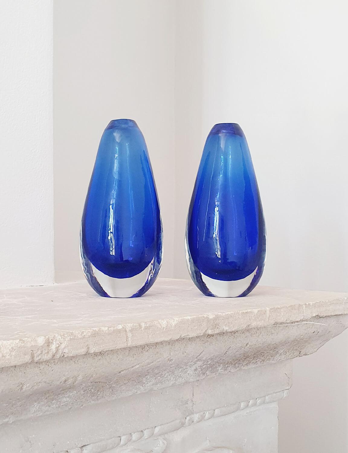 Blown Glass Pair of 1960s Flavio Poli Cobalt Blue Vases