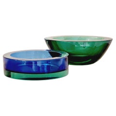 Pair of 1960s Flavio Poli Green and BLue Murano Glass Sommerso Bowls