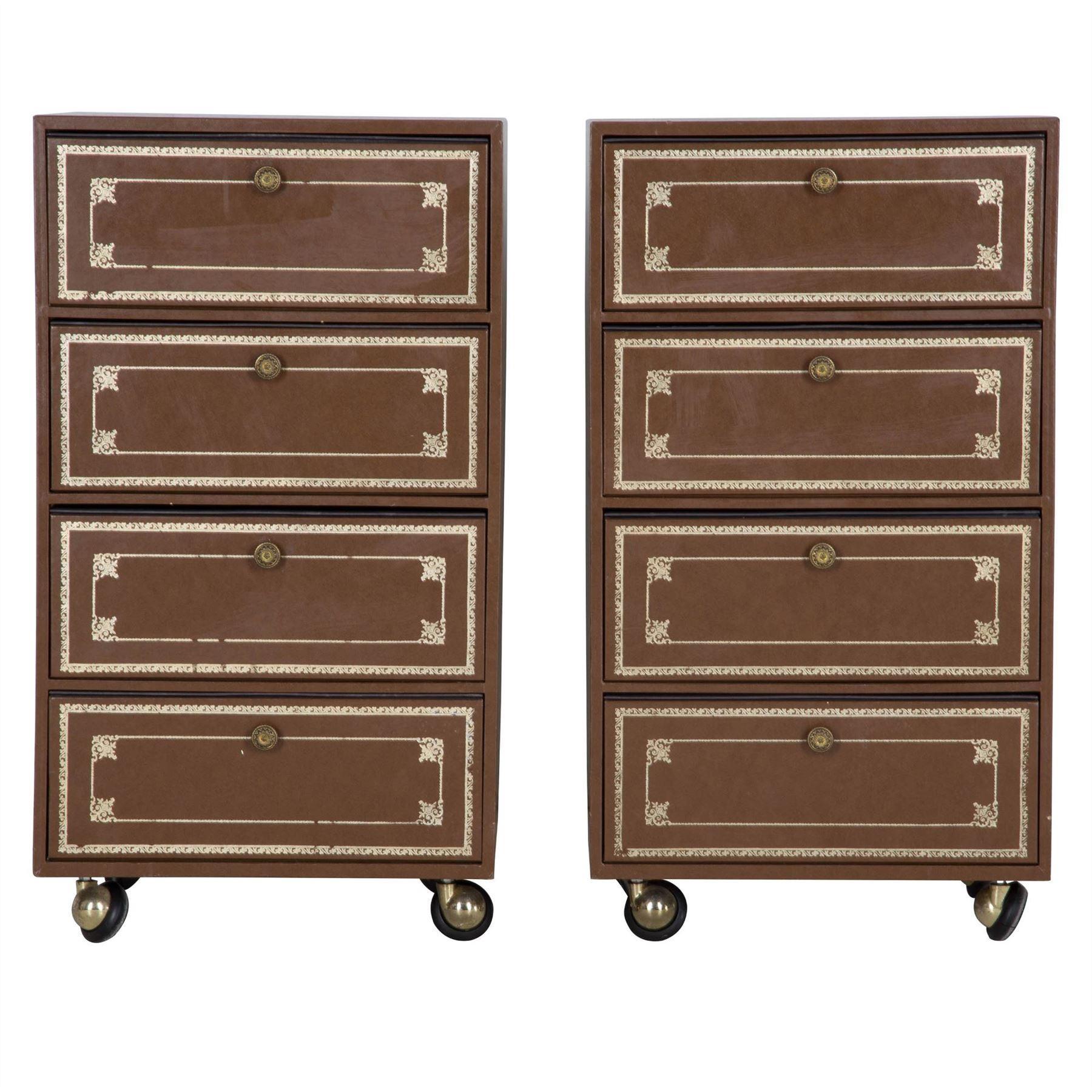 Pair of 1960s French leather and gilt tooled bedside drawers.