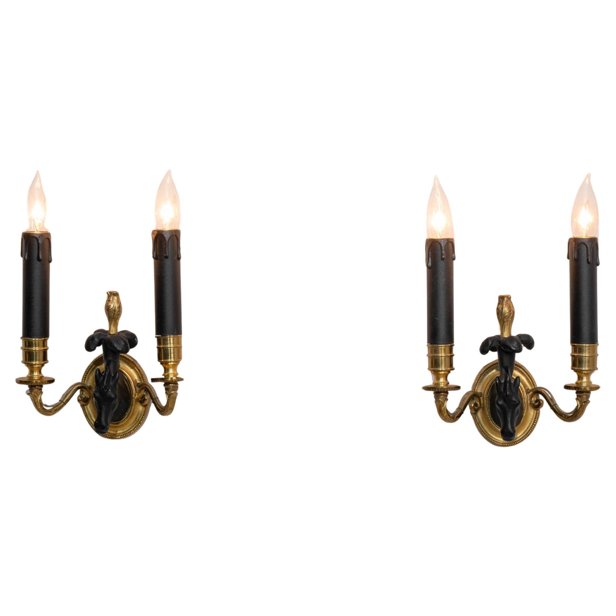 Pair Of 1960s French Empire Style Wall Sconces With Horse Heads im Angebot