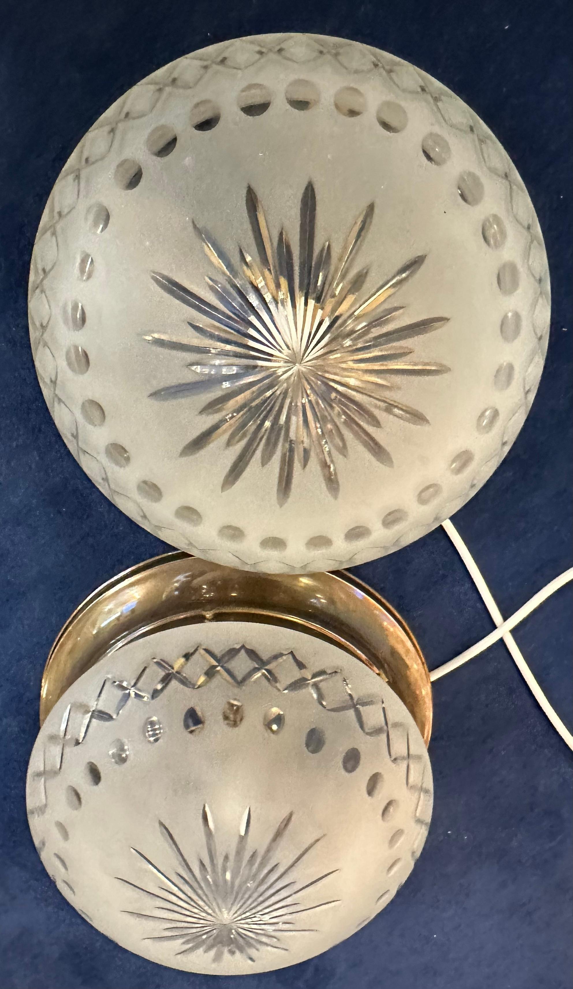 Pair of 1960s French Frosted & Cut Glass Brass Flush Mount Ceiling Lights 2