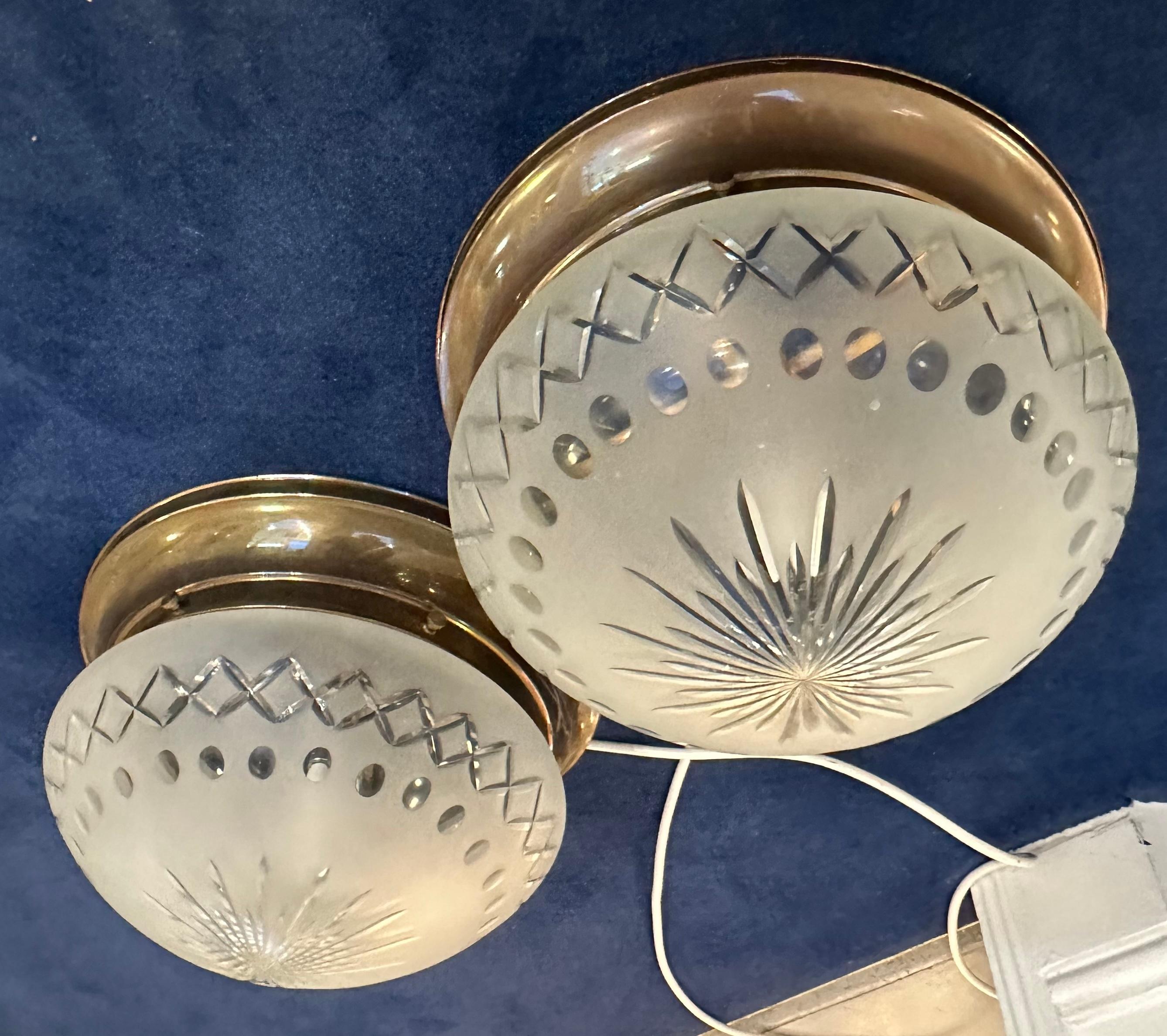 Pair of 1960s French Frosted & Cut Glass Brass Flush Mount Ceiling Lights 3