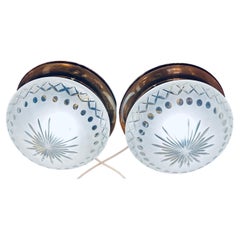 Pair of 1960s French Frosted & Cut Glass Brass Flush Mount Ceiling Lights