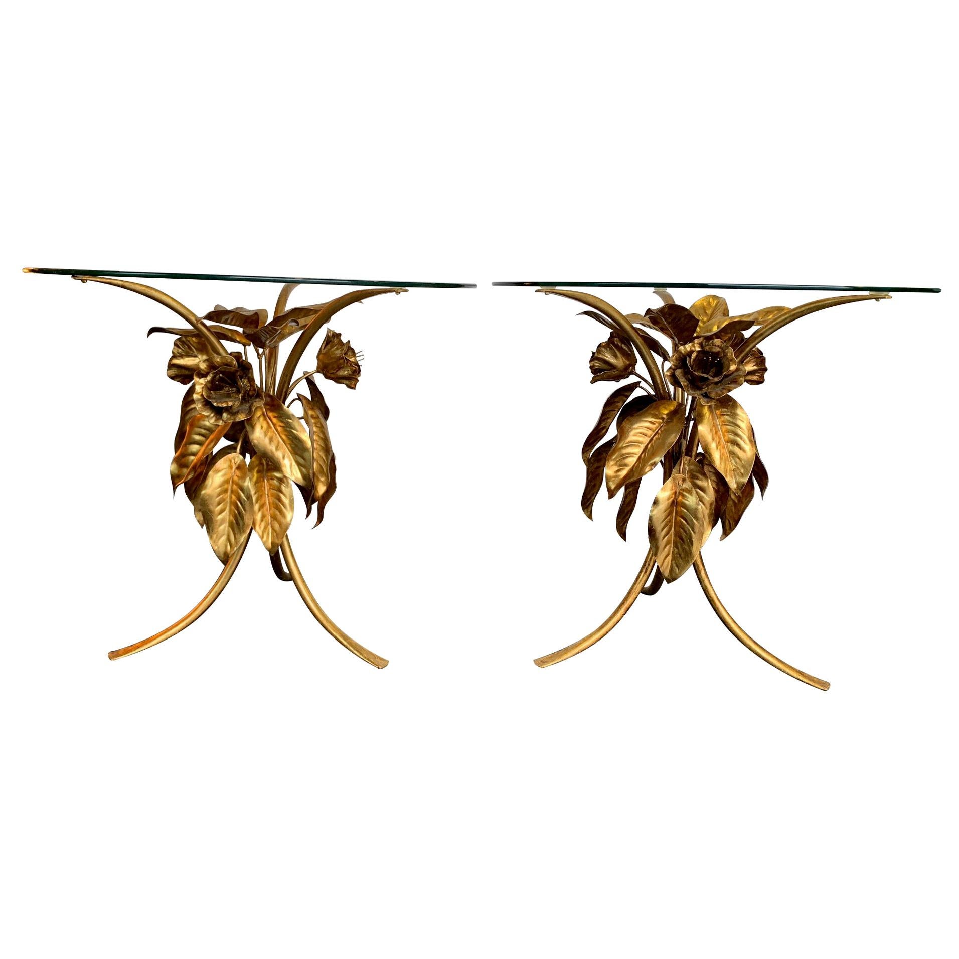 Pair of 1960s French Gilt Metal Side Tables with Flowers and Leaf Bases