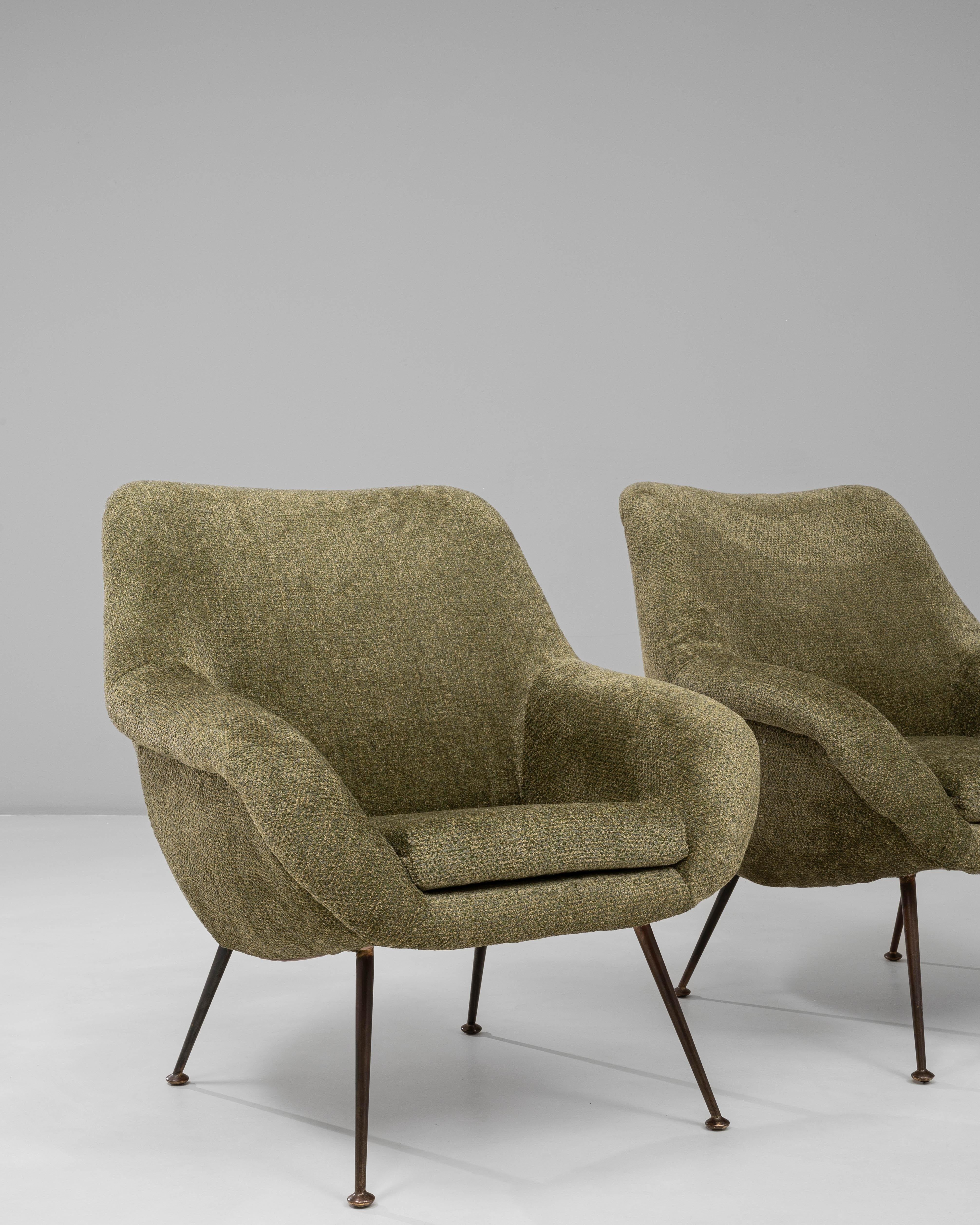 20th Century Pair of 1960s French Green Art Deco Upholstered Armchairs For Sale