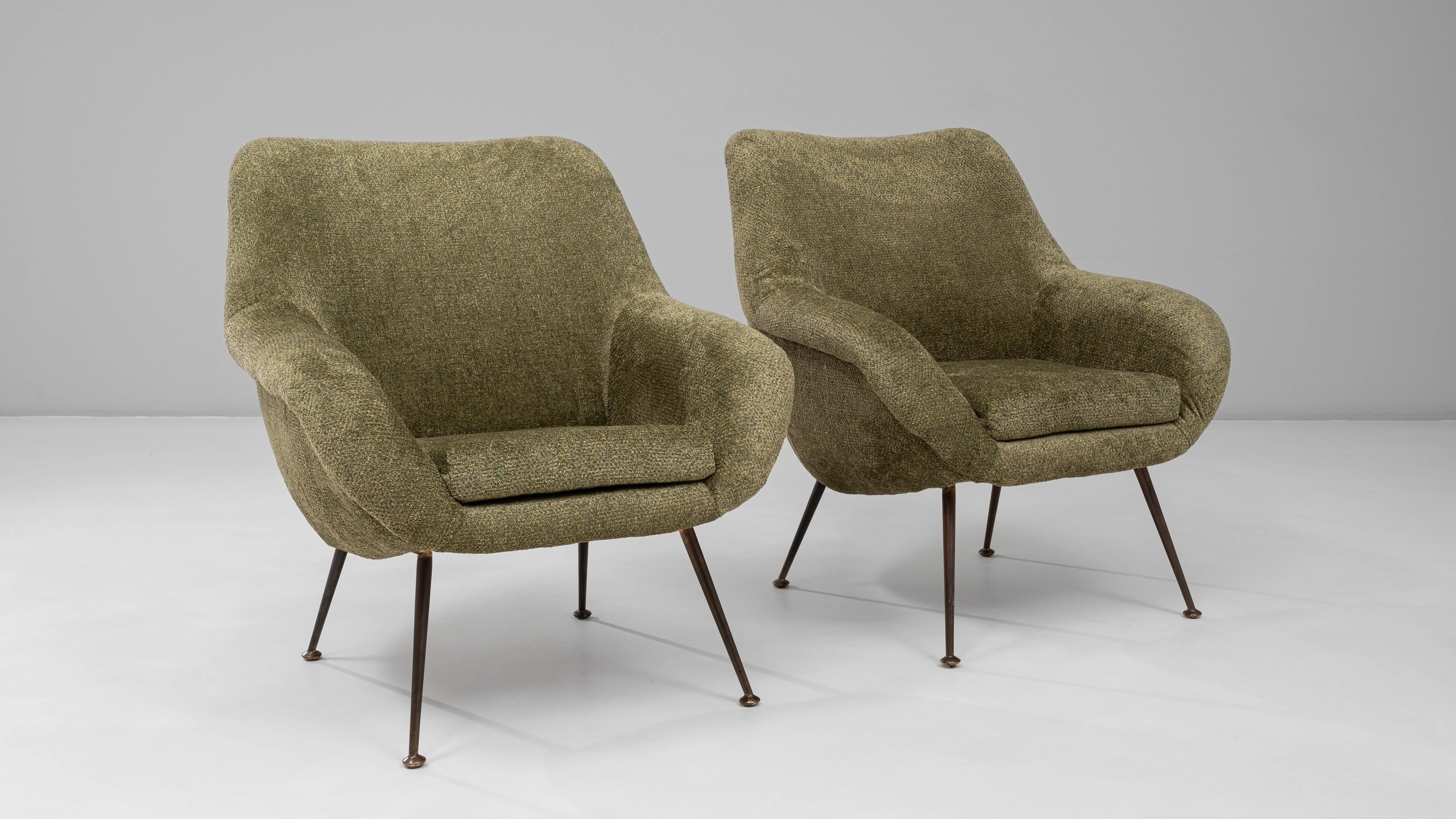 Upholstery Pair of 1960s French Green Art Deco Upholstered Armchairs For Sale