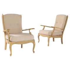 Pair of 1960s French Louis XV Style Oak Armchairs With Upholstered Cushions