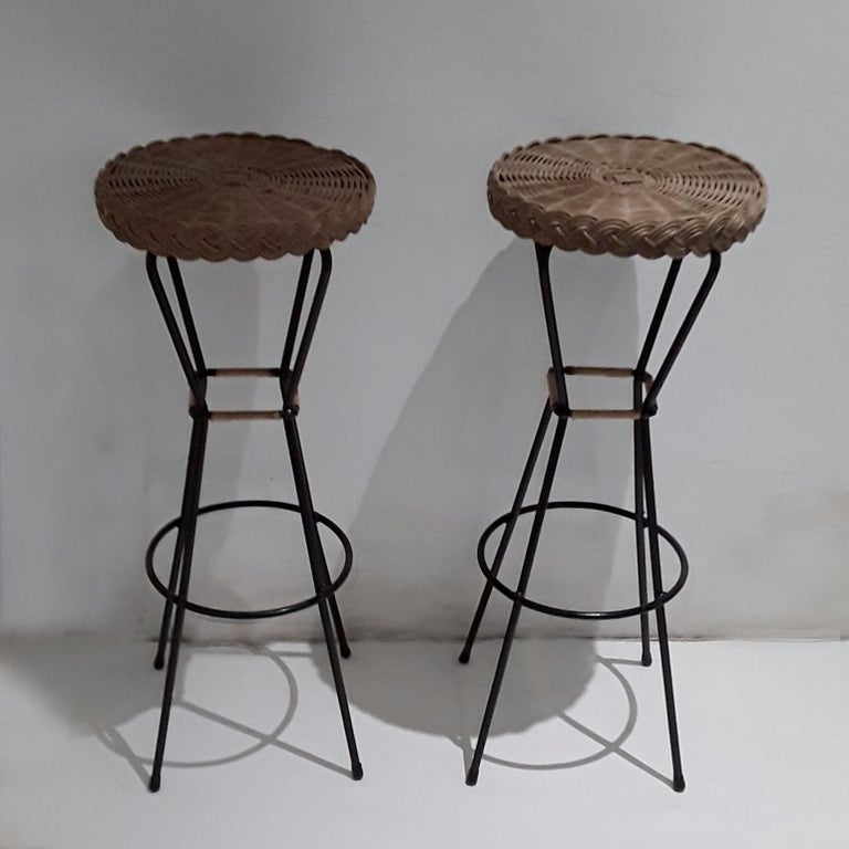 Pair of 1960s French Rattan Bar Stools on Black Metal Frames at 1stDibs