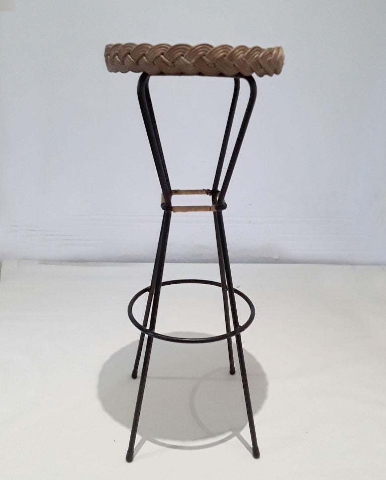 Pair of 1960s French Rattan Bar Stools on Black Metal Frames at 1stDibs