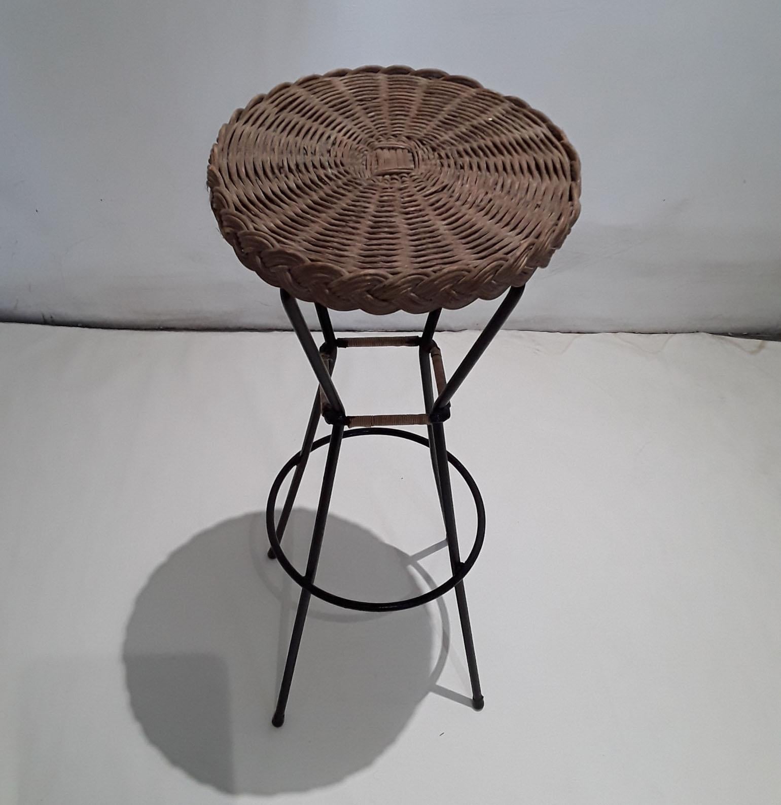 Mid-20th Century Pair of 1960s French Rattan Bar Stools on Black Metal Frames