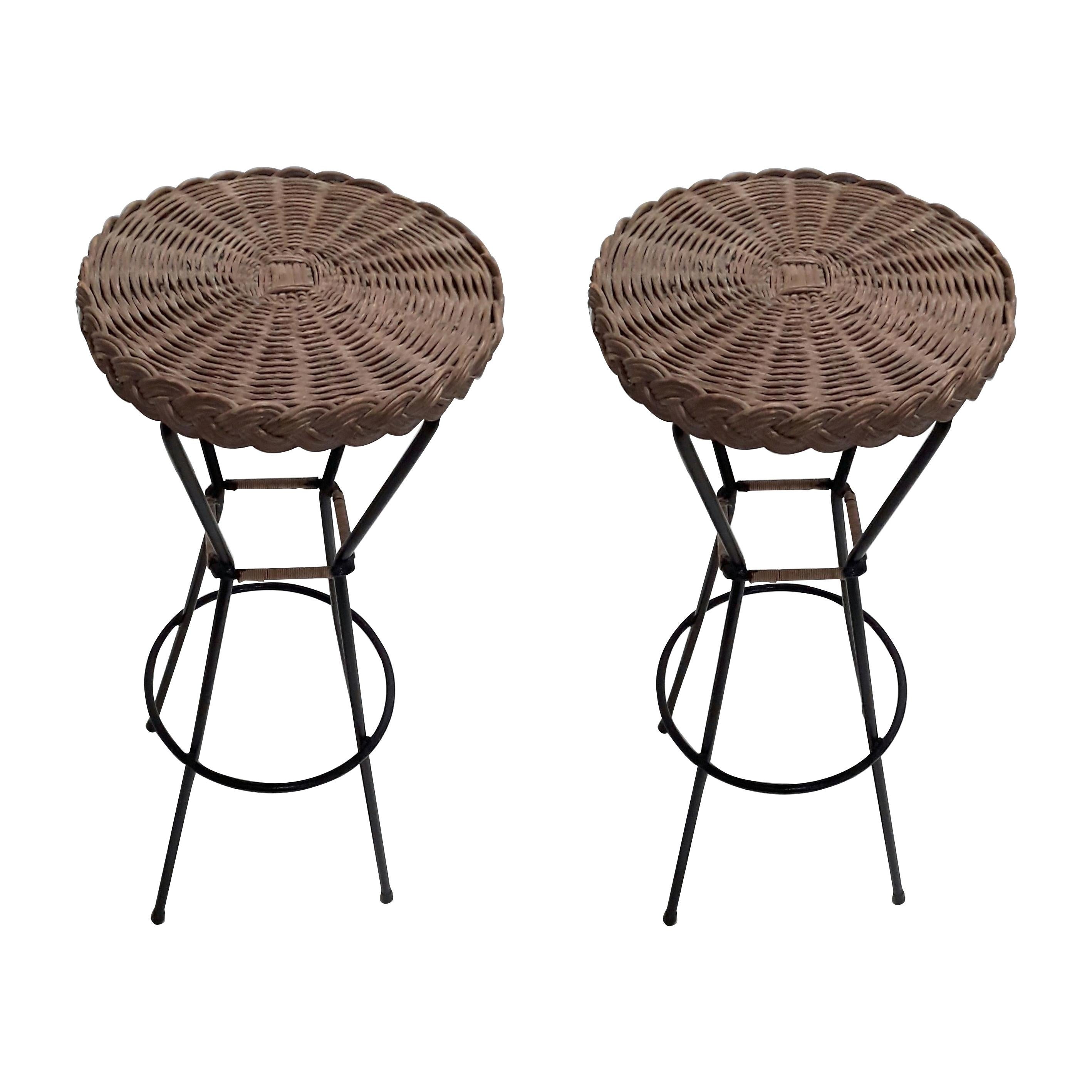 Pair of 1960s French Rattan Bar Stools on Black Metal Frames