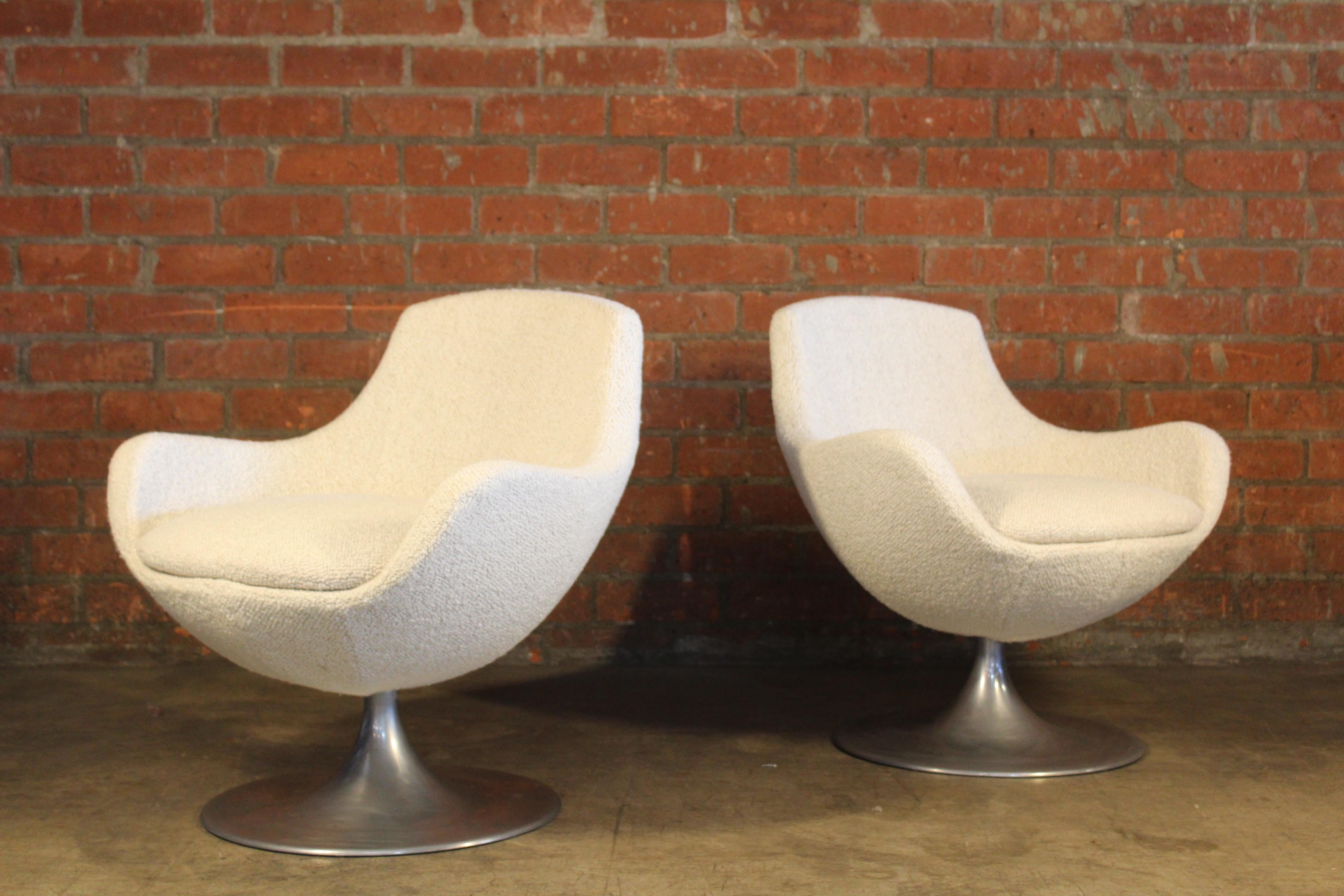 Aluminum Pair of Pierre Guariche Swivel Chairs in Pierre Frey Boucle