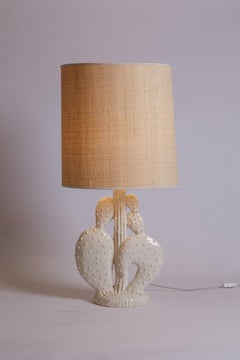 Paire de lampes de table à cactus en céramique blanche des années 1960