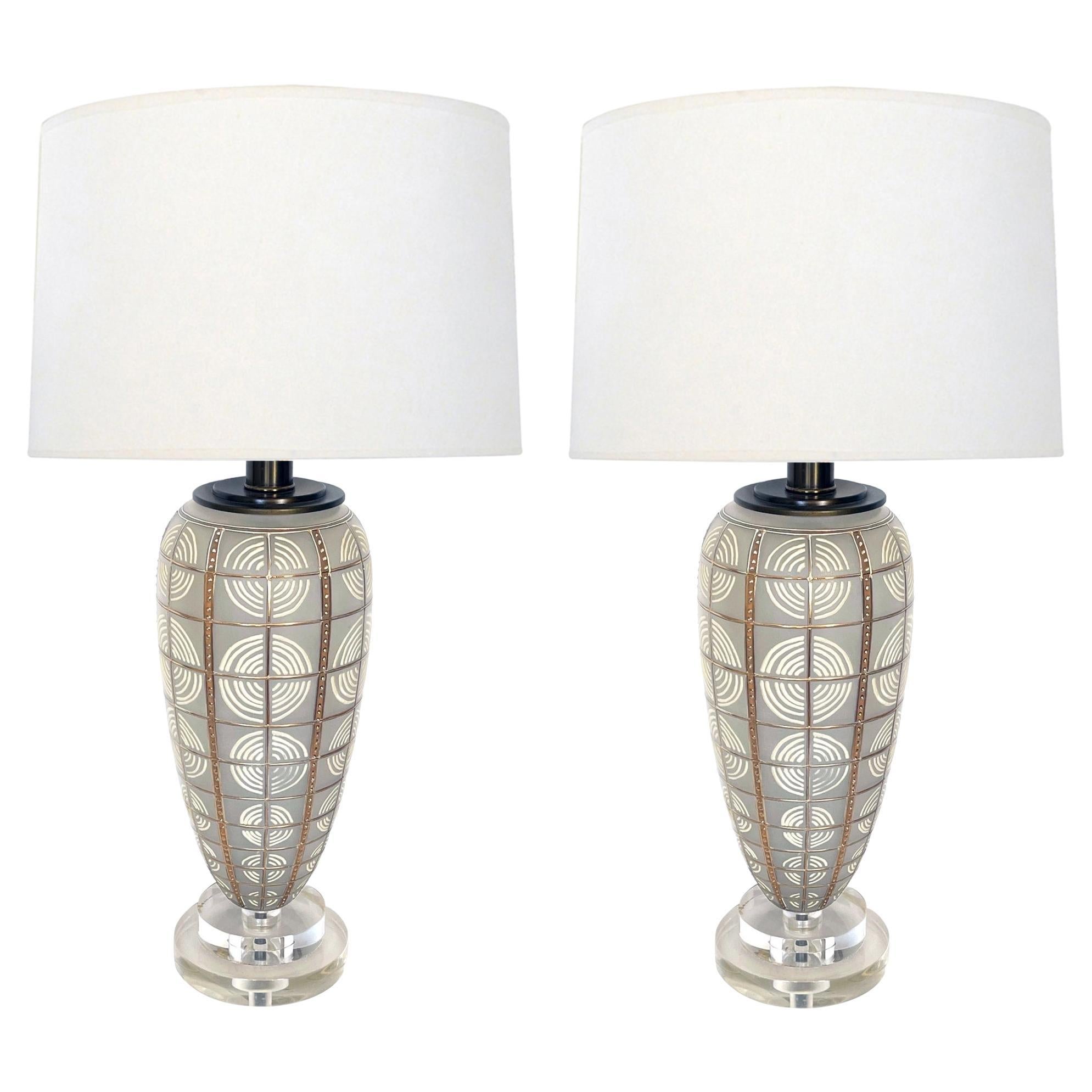 Pair of 1960's Frosted Torpedo-Form Lamps with Applied Decoration For Sale