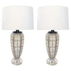 Pair of 1960's Frosted Torpedo-Form Lamps with Applied Decoration