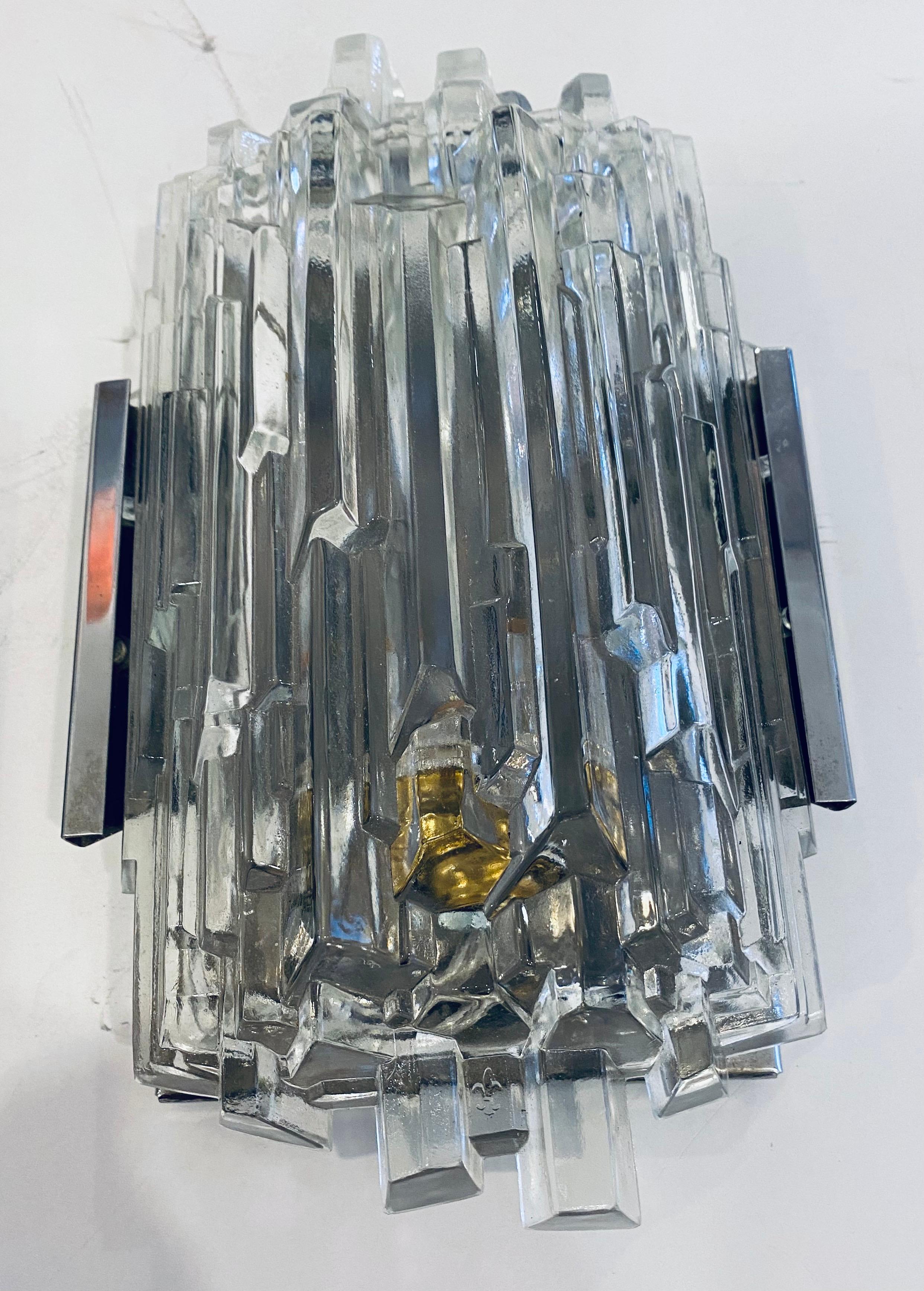Mid-Century Modern Pair of 1960s German Hillebrand Ice Crystal Sconces