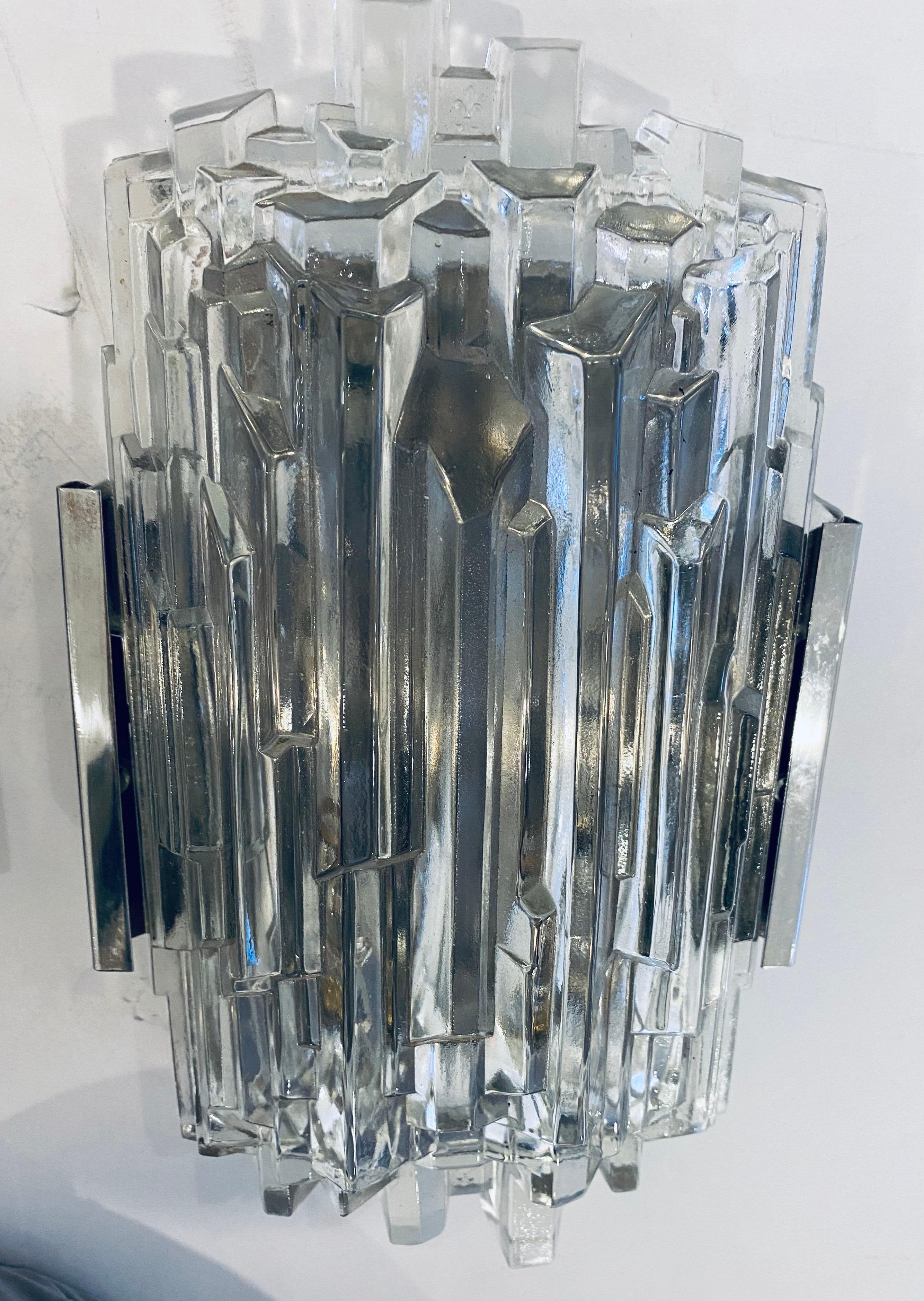 Mid-20th Century Pair of 1960s German Hillebrand Ice Crystal Sconces