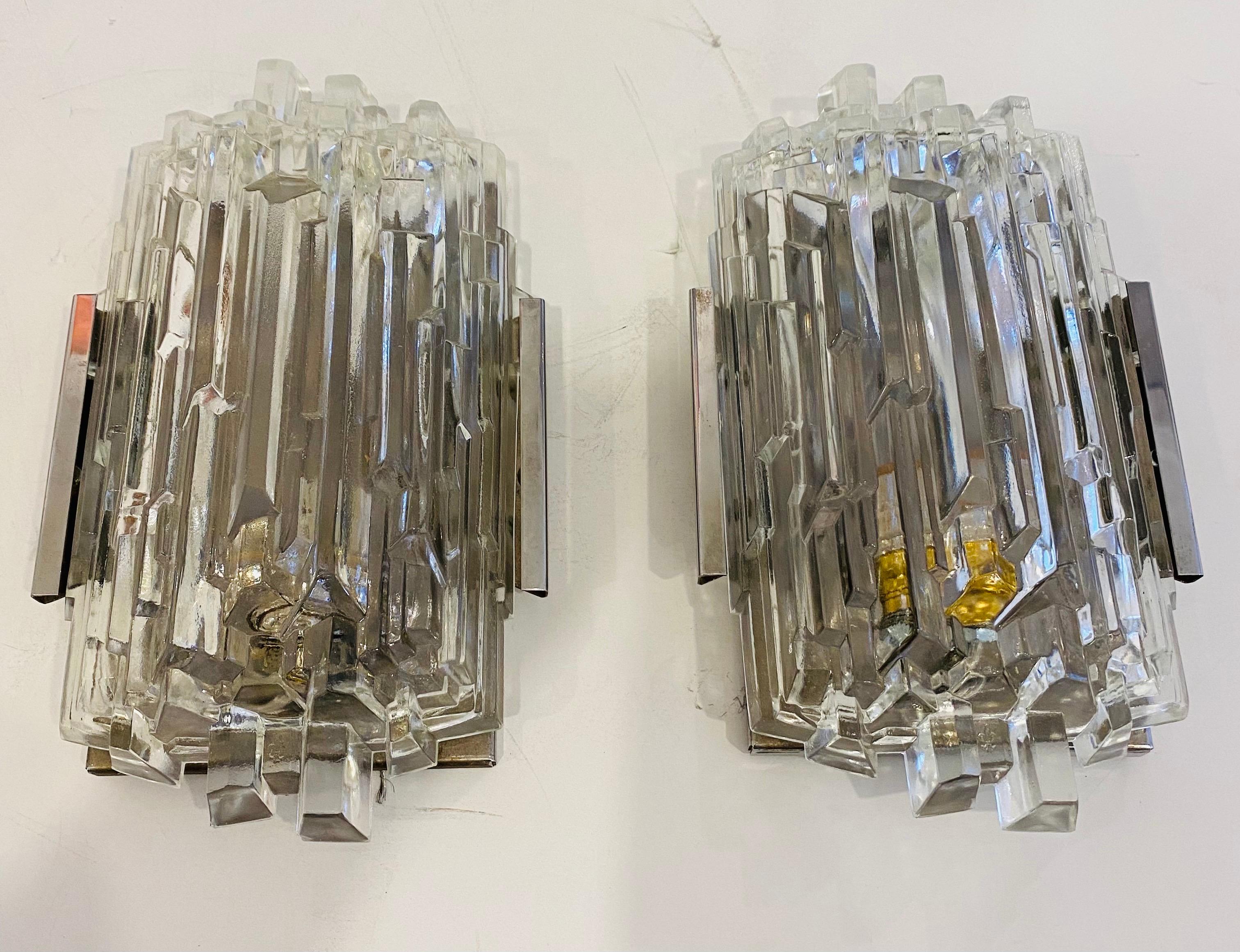 Pair of 1960s German Hillebrand Ice Crystal Sconces 1