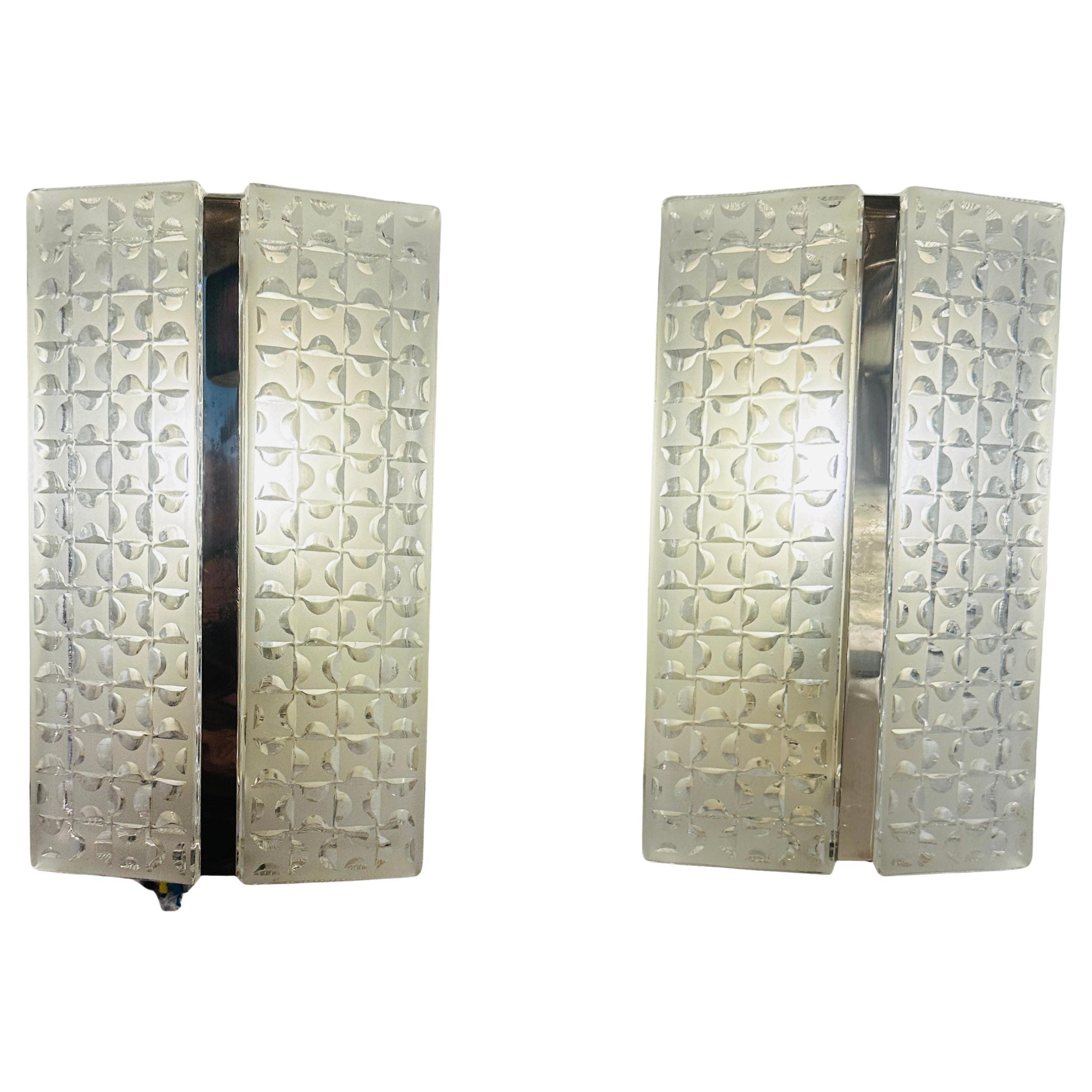 Pair of 1960s German Kaiser Leuchten Frosted & Clear Glass & Chrome Wall Lights