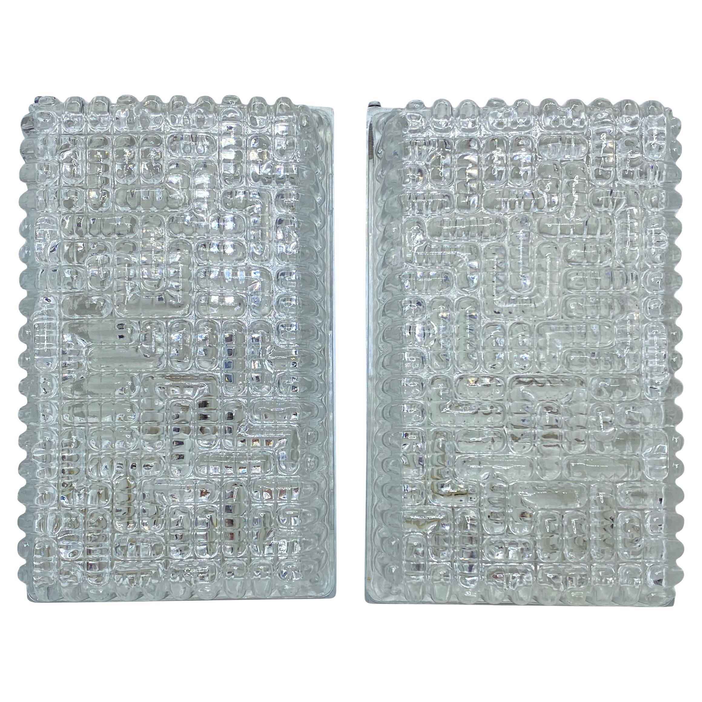 Pair of 1960s German Massive Lighting Rectangular Ice Block Glass Sconces