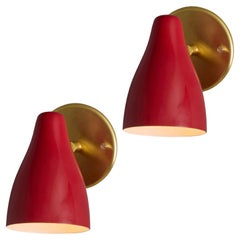 Pair of 1960s Giuseppe Ostuni Red and Brass Articulating Sconces for O-Luce