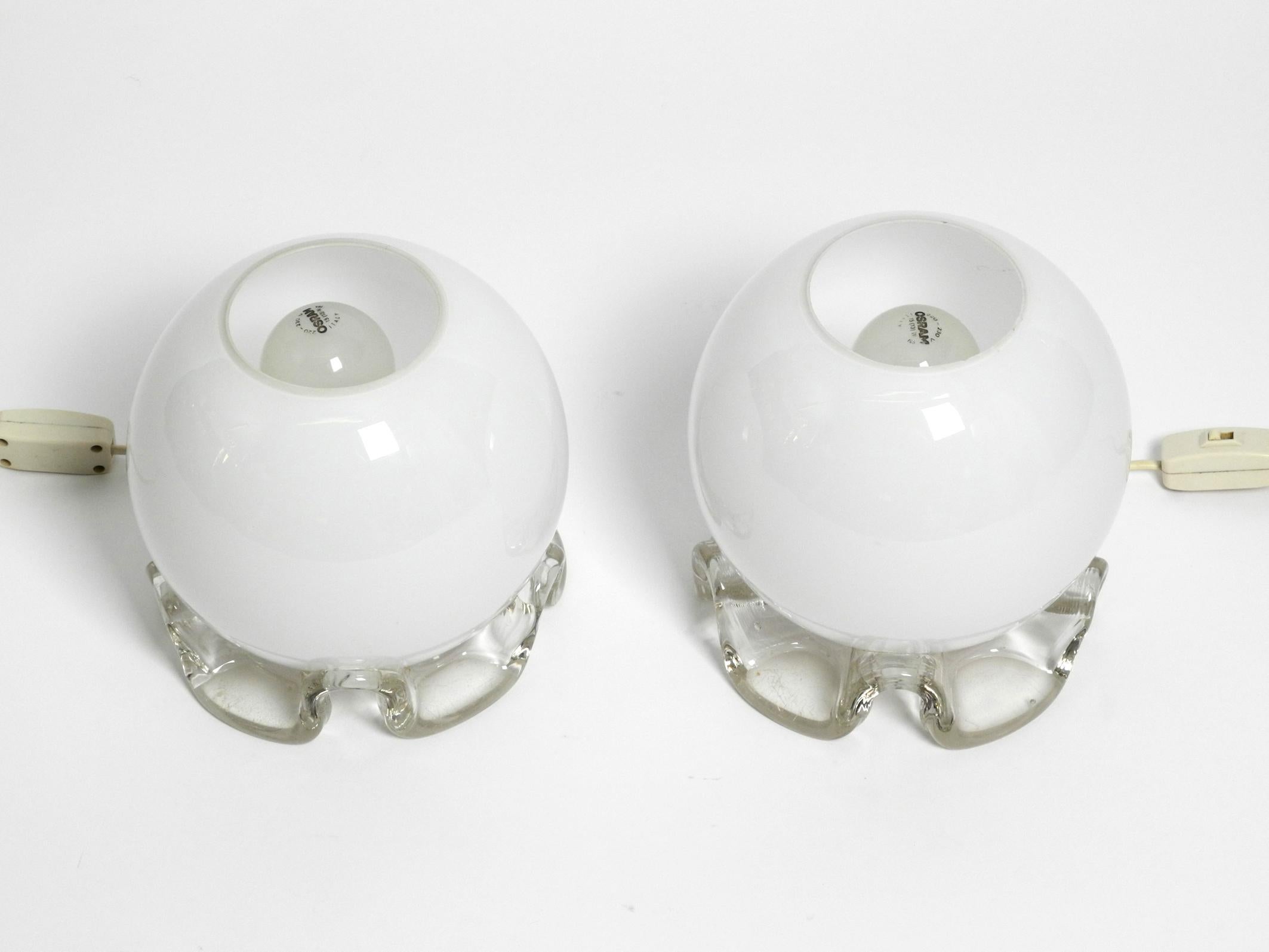 German Pair of 1960's Glass Table Lamps in White and Transparent from Limburg For Sale