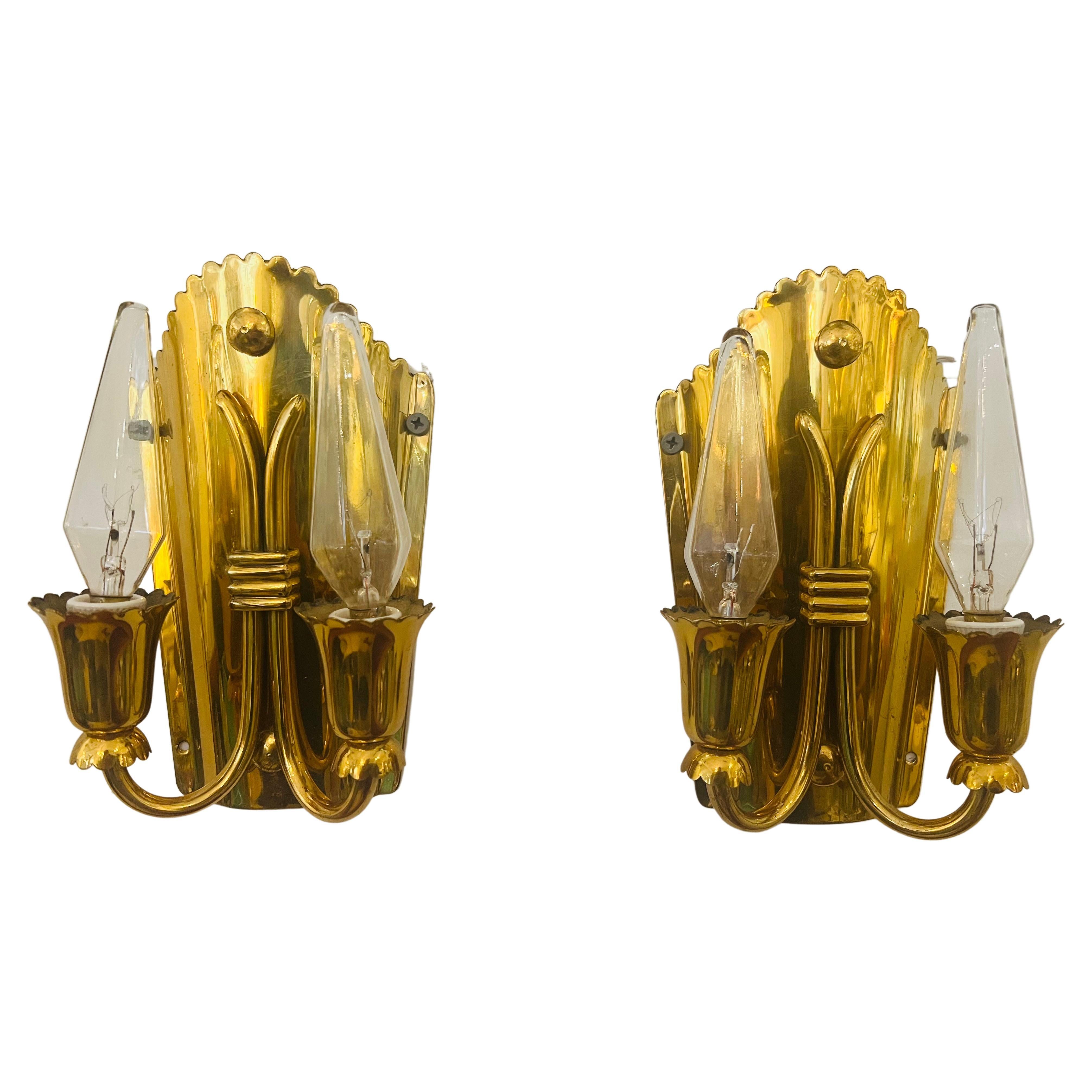 Pair of 1960s Golden Brass Regency Italian Mid Century Wall Lamps For Sale