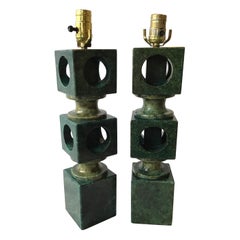 Vintage Pair of 1960s Green Marble Geometric Table Lamps