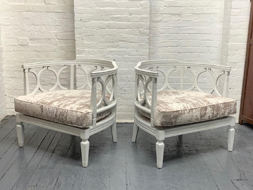 Pair of 1960s Grosfeld House style side or lounge chairs. Has a white decorative frame and upholstered velvet seat and back cushion.