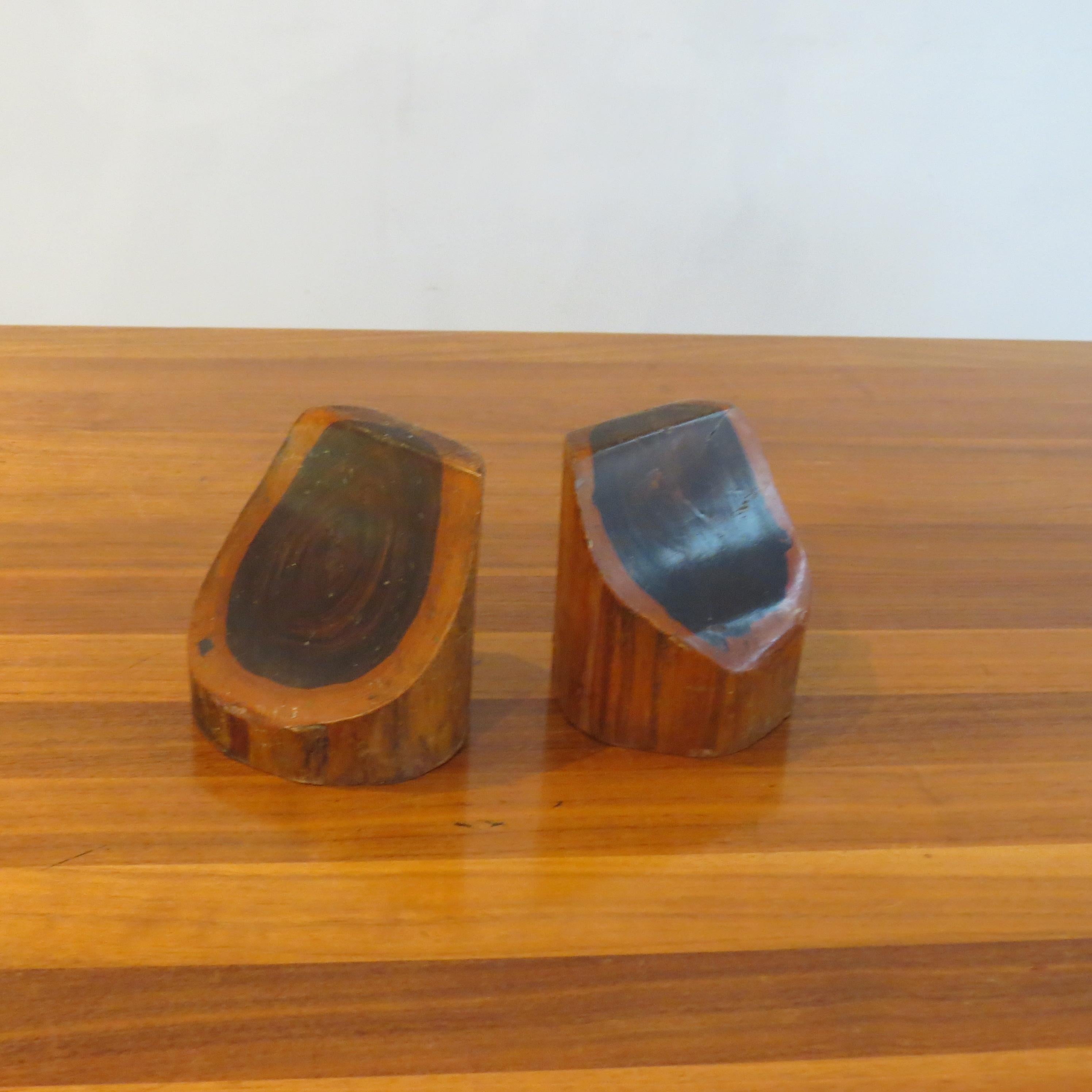 Wonderful, good heavy pair of sculptural book ends from the 1960s. Made from solid Laburnum, they have been hand crafted, leaving a naturalistic edge to them. Very nicely mellowed over time, the laburnum gives a striking contrast in colour. Intended