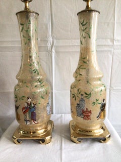 Pair of 1960s Hand Painted Asian Glass Lamps on a Brass Base