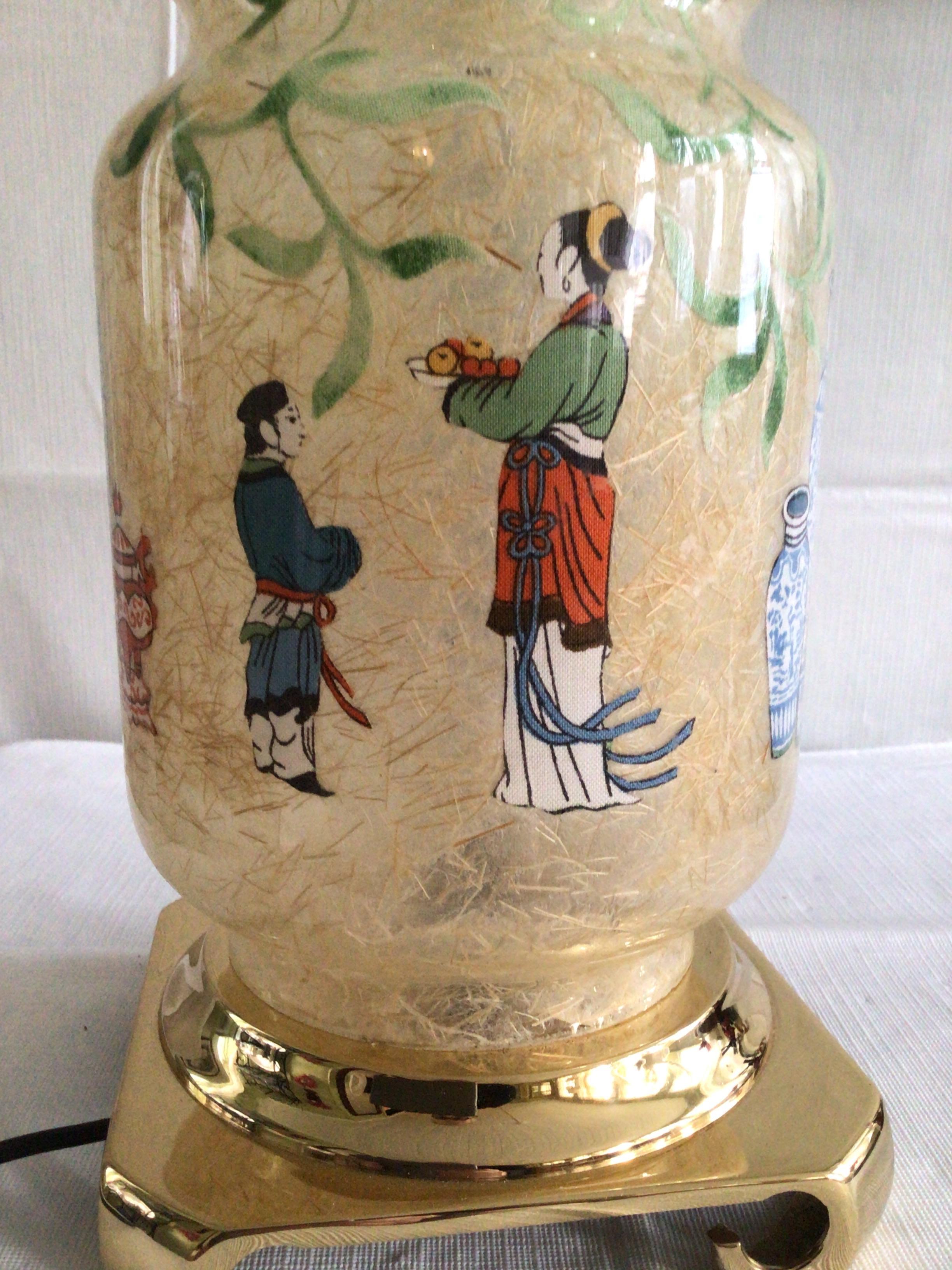 Pair of 1960s Hand Painted Asian Glass Lamps on a Brass Base For Sale 3