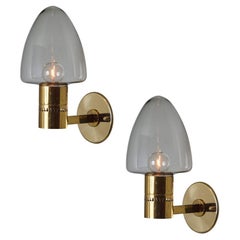 Pair of 1960s Hans-Agne Jakobsson Model V-220 Brass & Glass Sconces for Markaryd