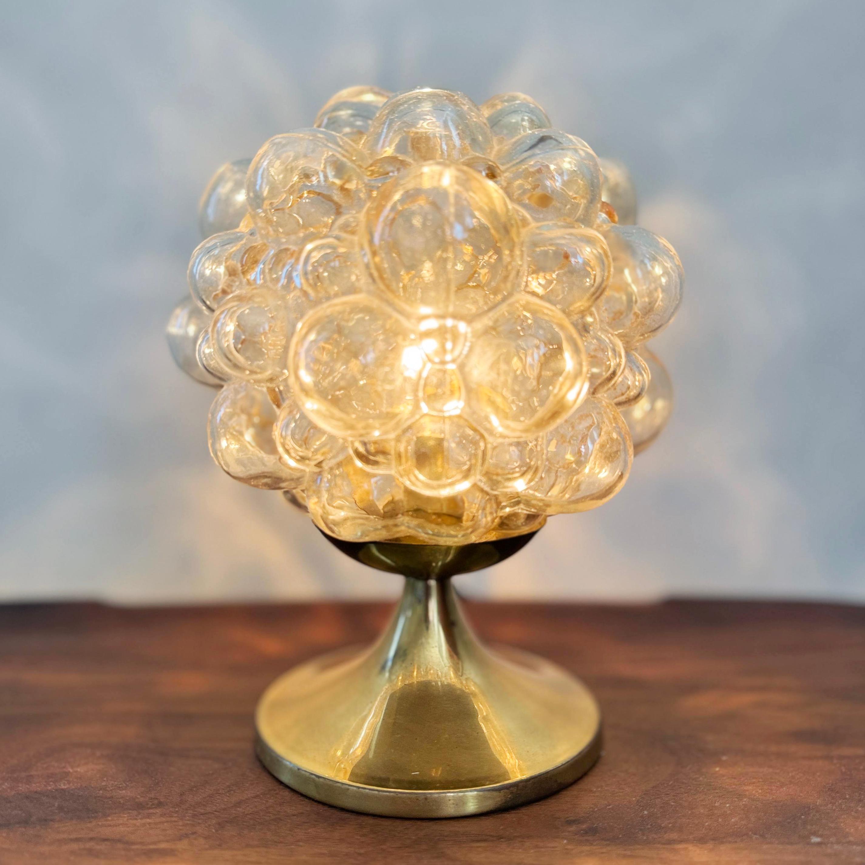 Mid-20th Century Pair of 1960s Helena Tynell Amber Bubble Glass & Brass Table Lamps for Limburg