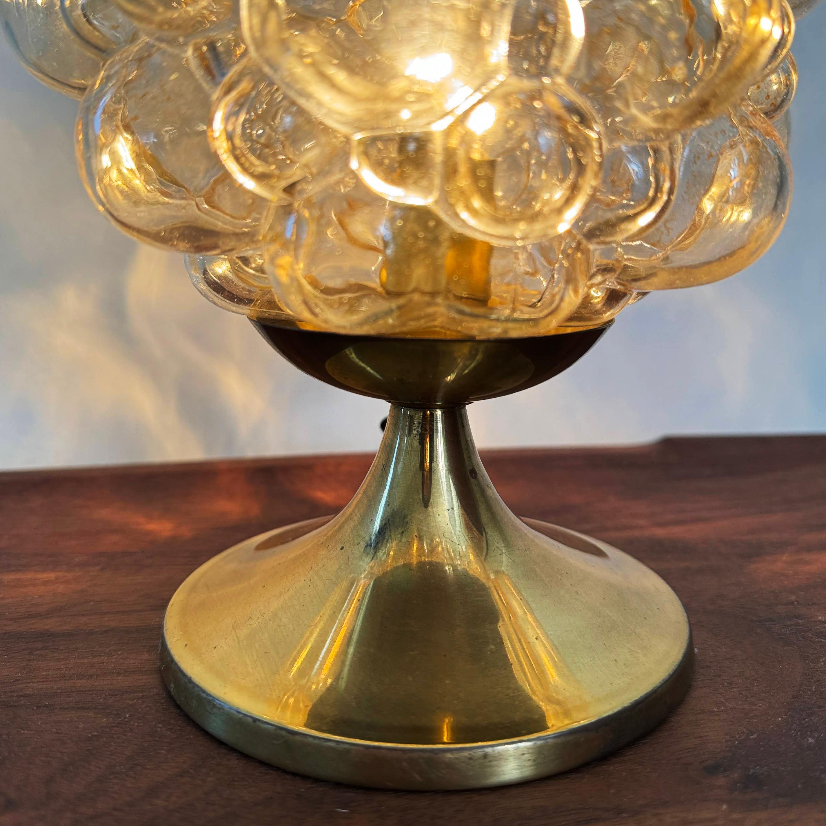 Pair of 1960s Helena Tynell Amber Bubble Glass & Brass Table Lamps for Limburg 1