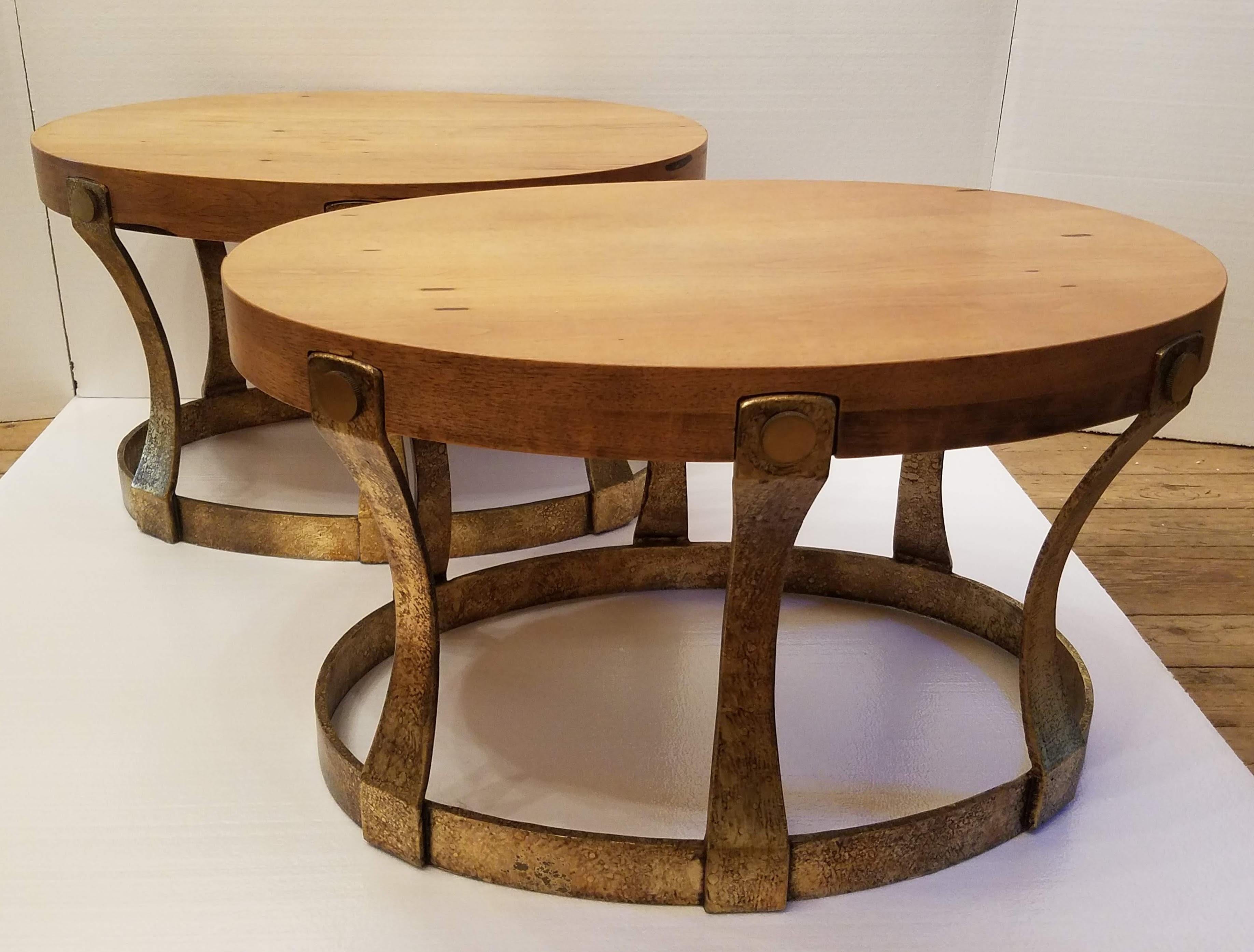 Pair of 1960s Heritage Oval Side Tables w/ Pecky Walnut Tops and Gilt Iron Bases For Sale 3
